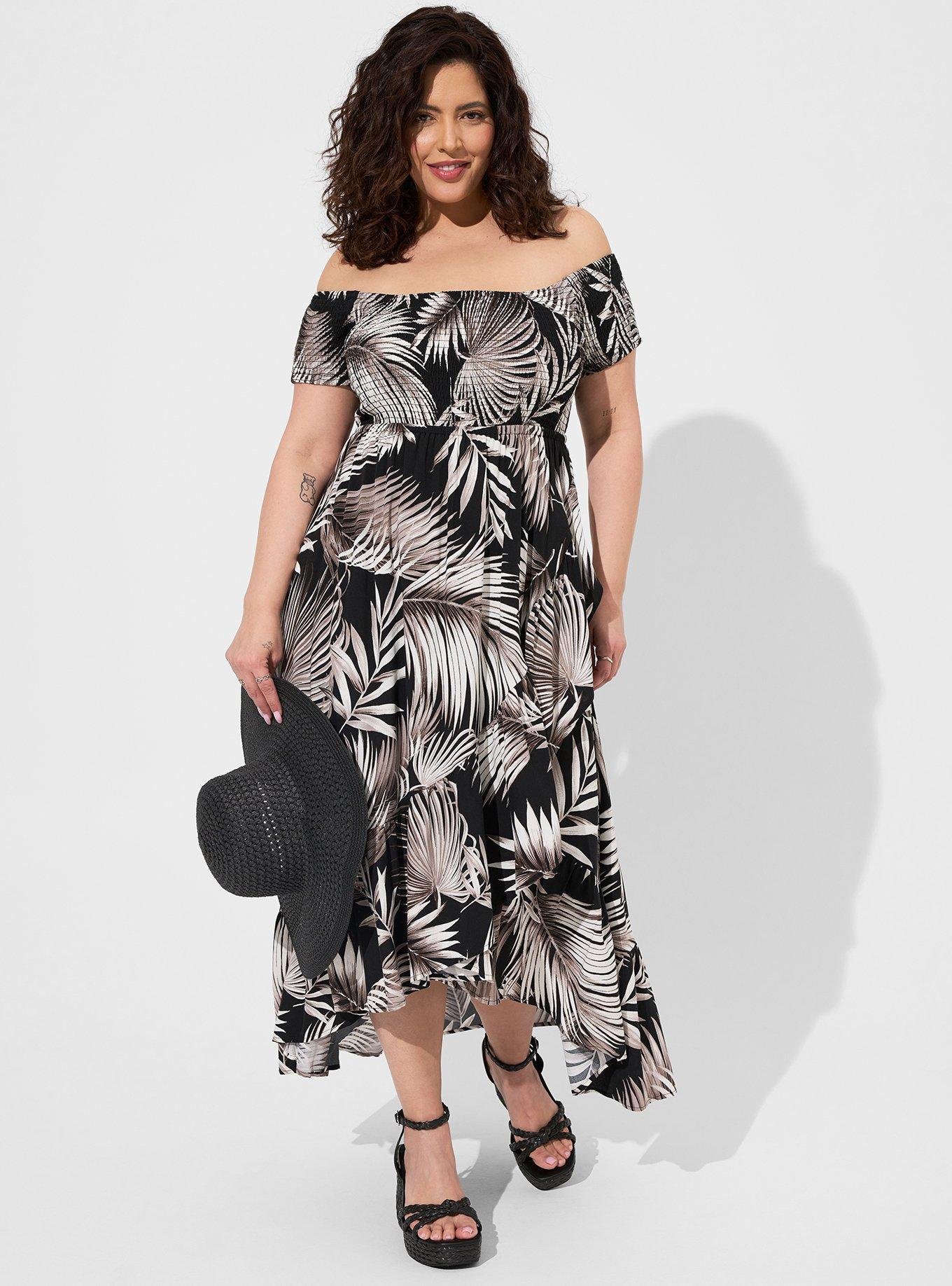 Torrid Maxi Challis Off Shoulder Tulip Hi-Lo Hawaiian Print Dress