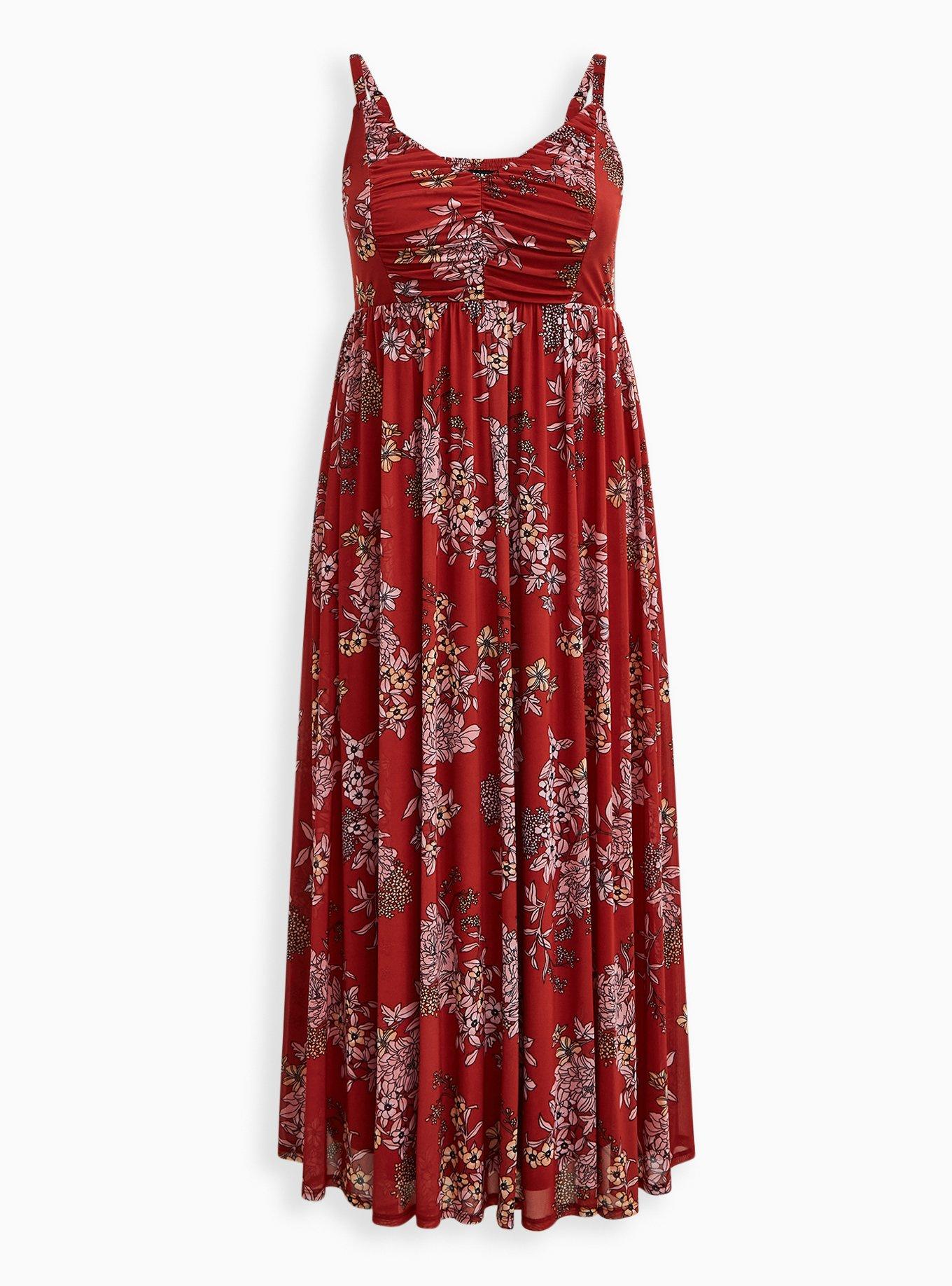 Soft Mesh Pleated Maxi Dress, FLORAL RED, hi-res