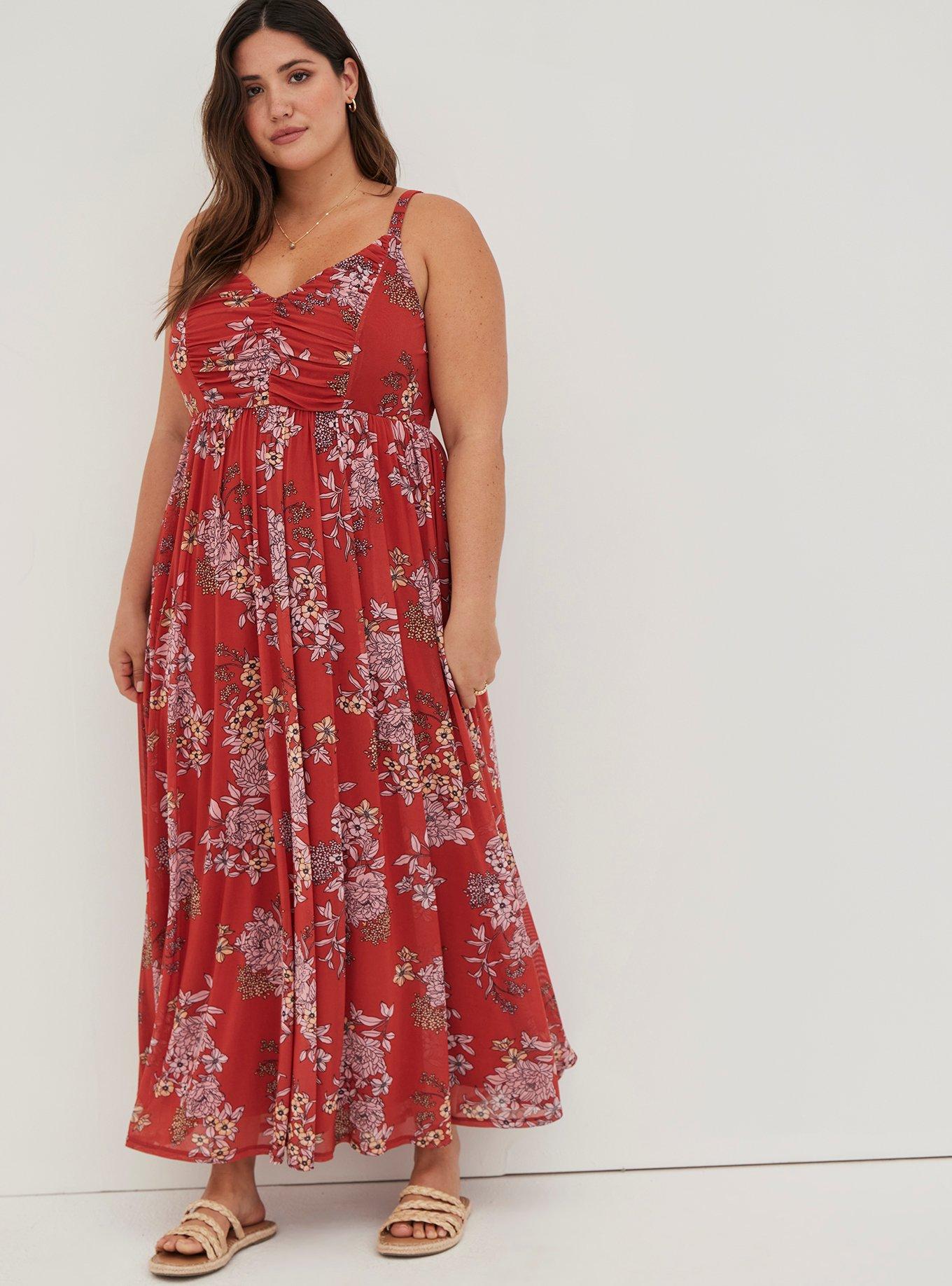 Soft Mesh Pleated Maxi Dress, FLORAL RED, hi-res
