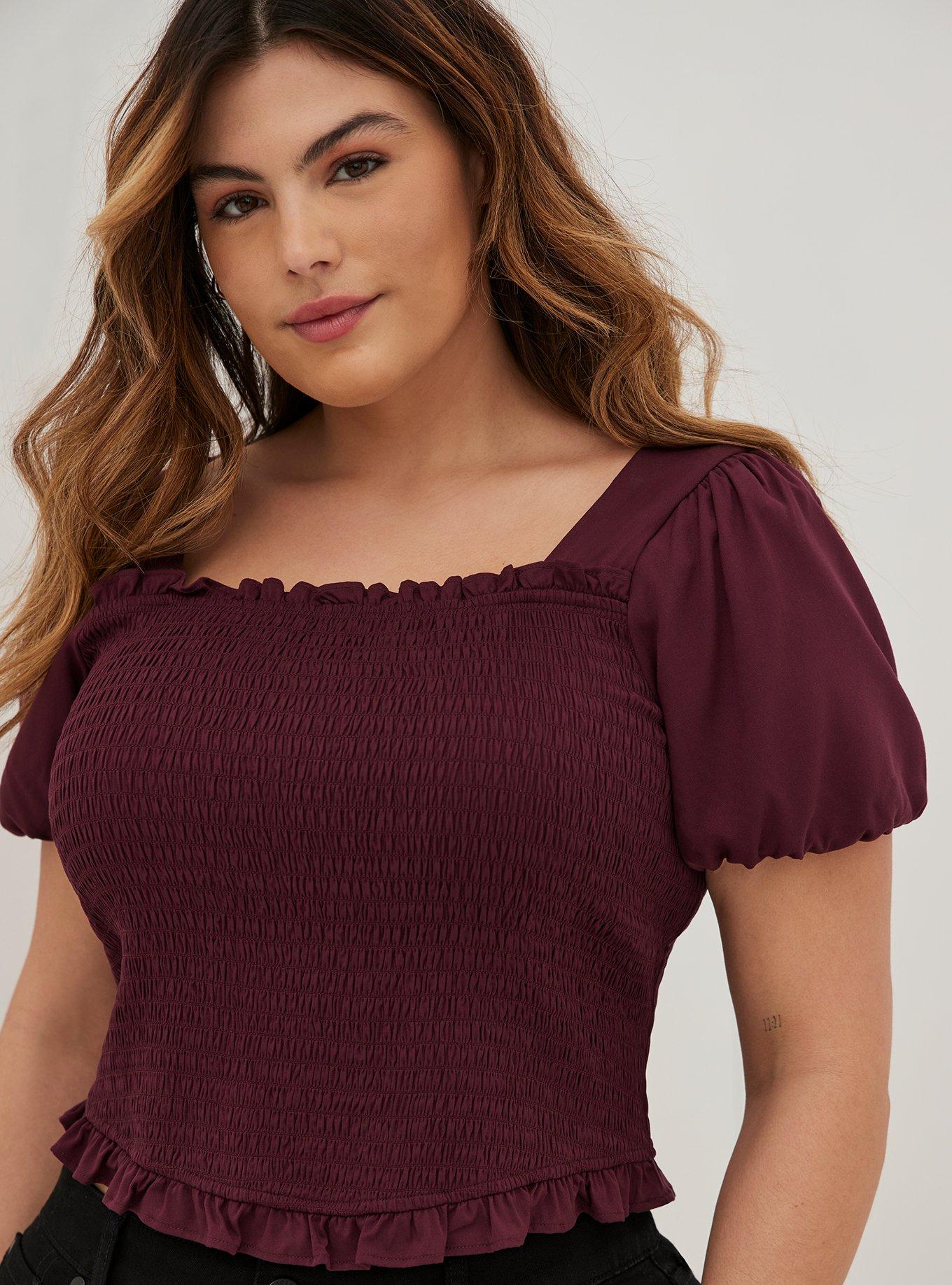 Stretch Challis Smocked Puff Sleeve Crop Top