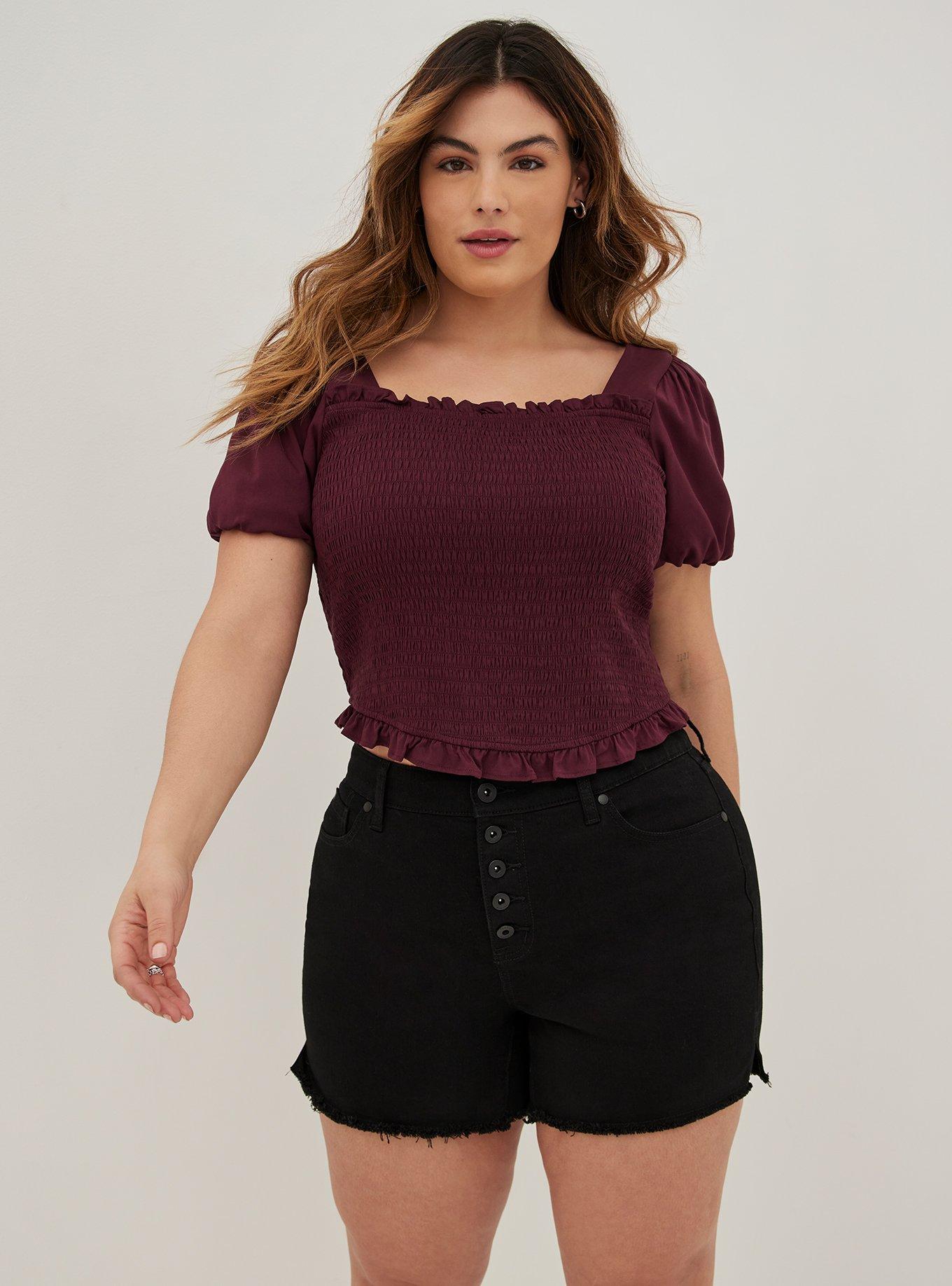 Stretch Challis Smocked Puff Sleeve Crop Top