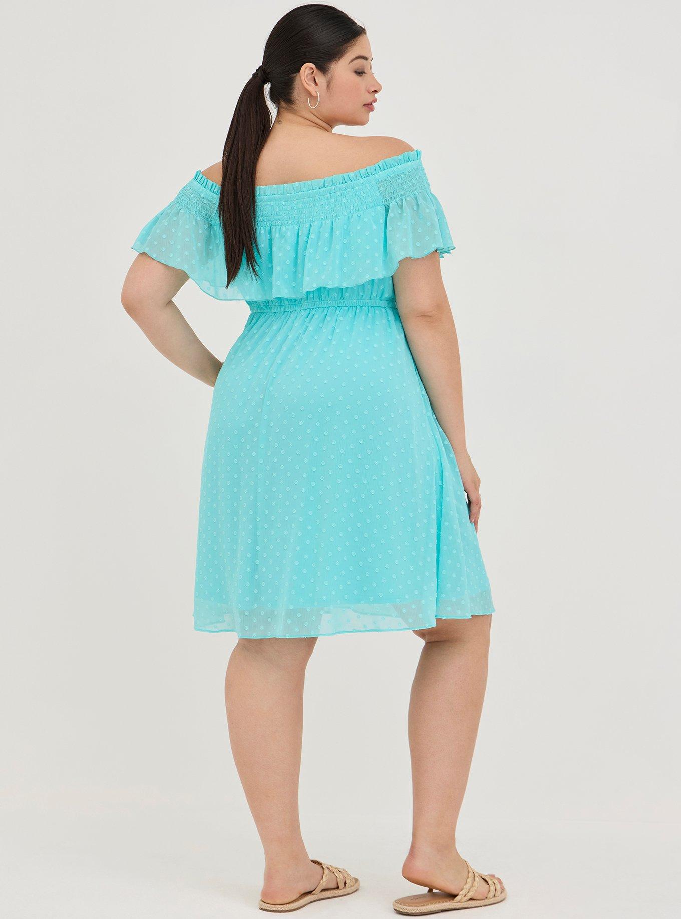 Off-Shoulder Smocked Mini Skater Dress - Chiffon Clip Dot Blue, BLUE, alternate