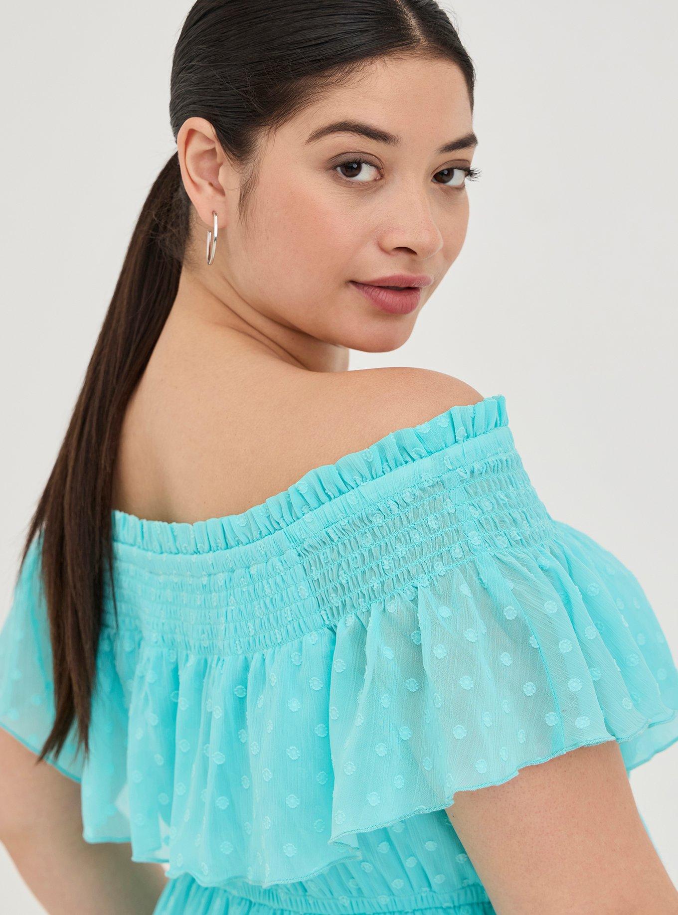 Off-Shoulder Smocked Mini Skater Dress - Chiffon Clip Dot Blue, BLUE, alternate
