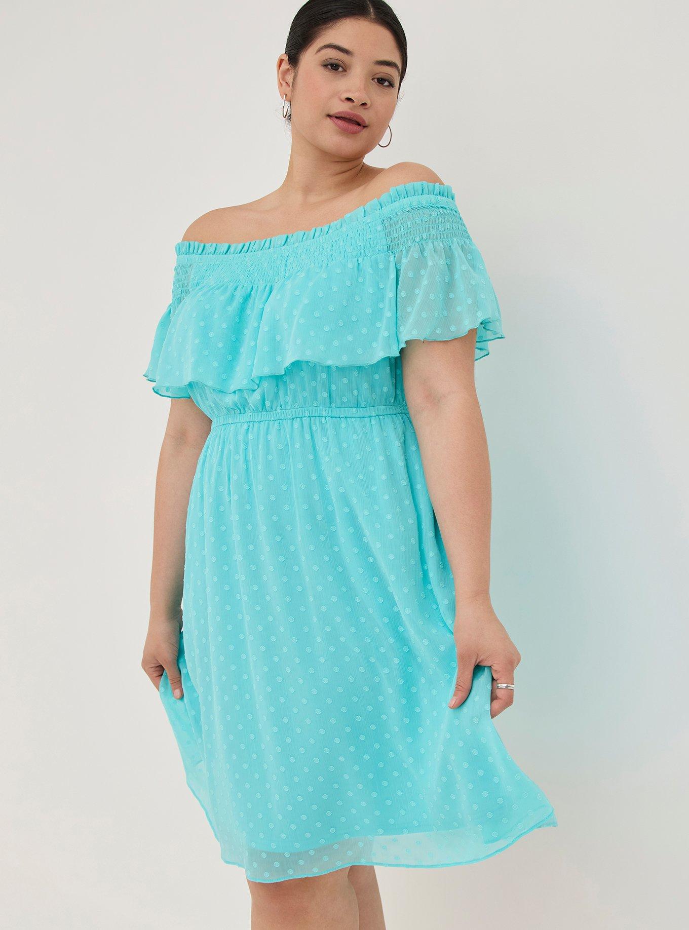 Off-Shoulder Smocked Mini Skater Dress - Chiffon Clip Dot Blue, BLUE, alternate