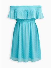 Off-Shoulder Smocked Mini Skater Dress - Chiffon Clip Dot Blue, BLUE, hi-res