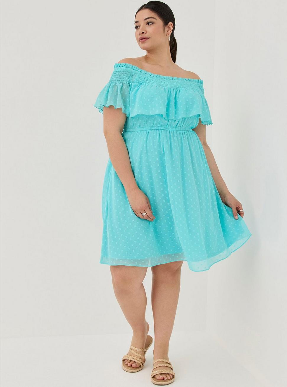 Plus Size Off-Shoulder Smocked Mini Skater Dress - Chiffon Clip Dot Blue, BLUE, hi-res