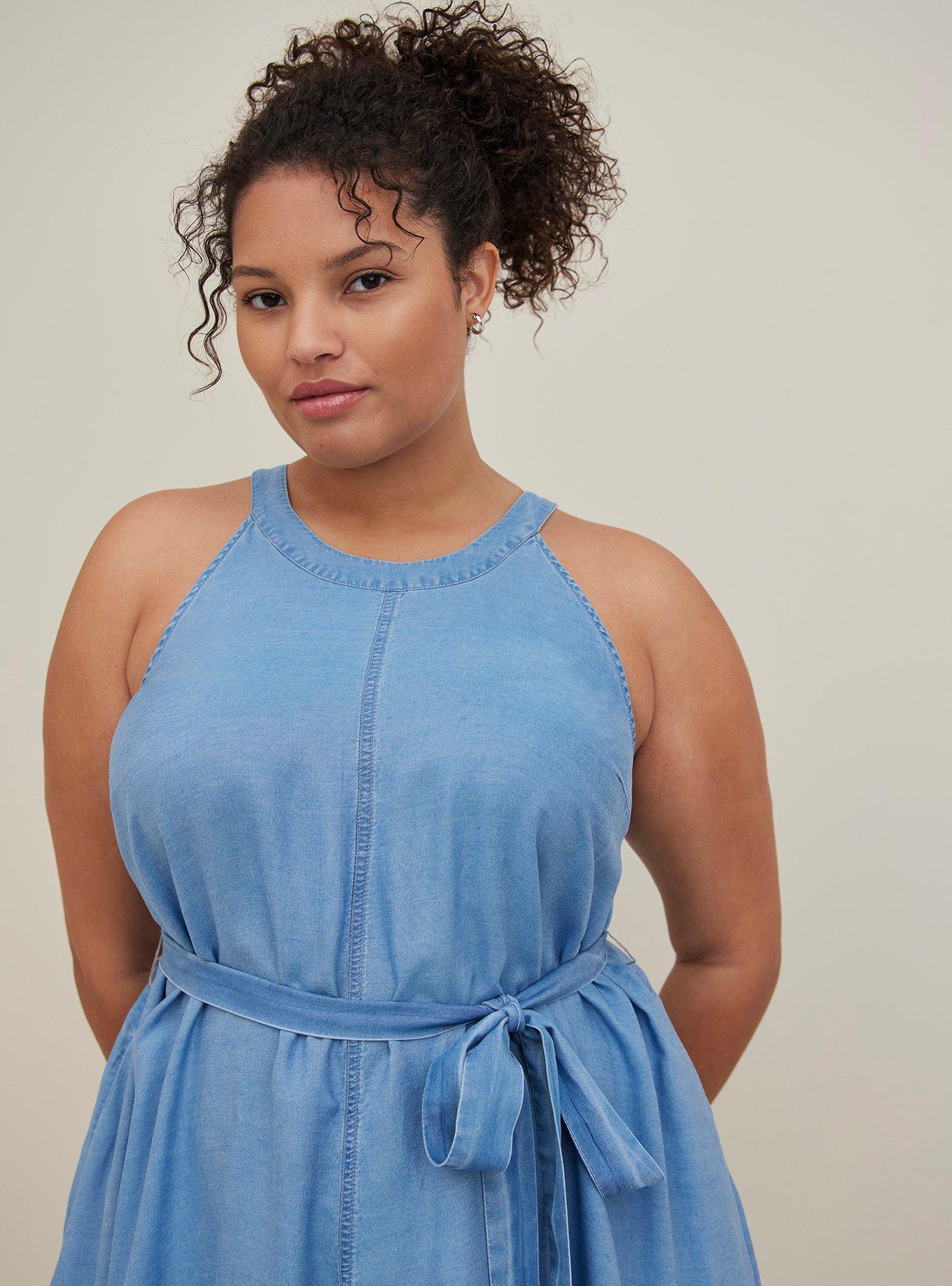 Plus Size - High Neck Tiered Mini Dress - Chambray Blue - Torrid