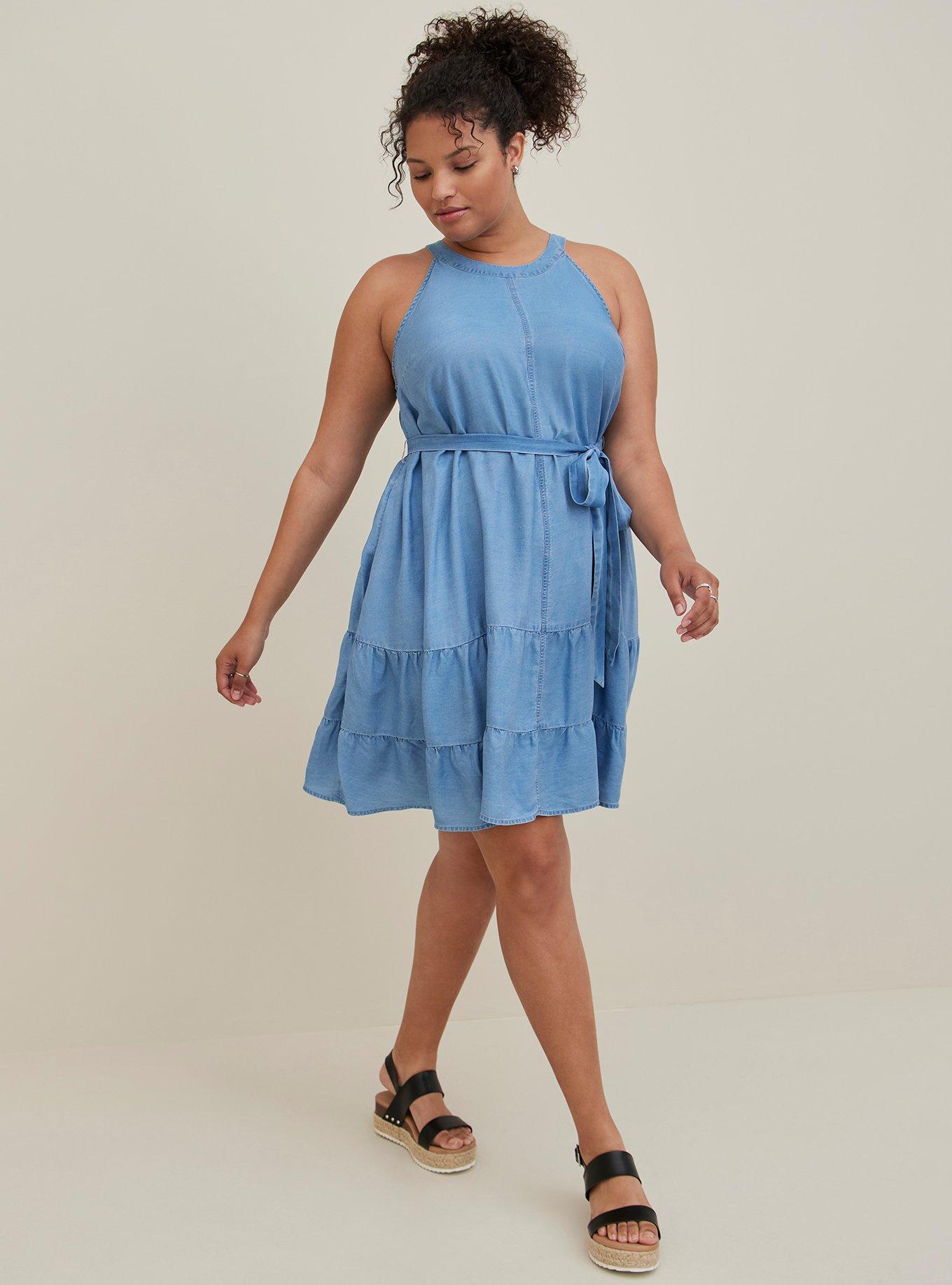 Plus Size - High Neck Tiered Mini Dress - Chambray Blue - Torrid