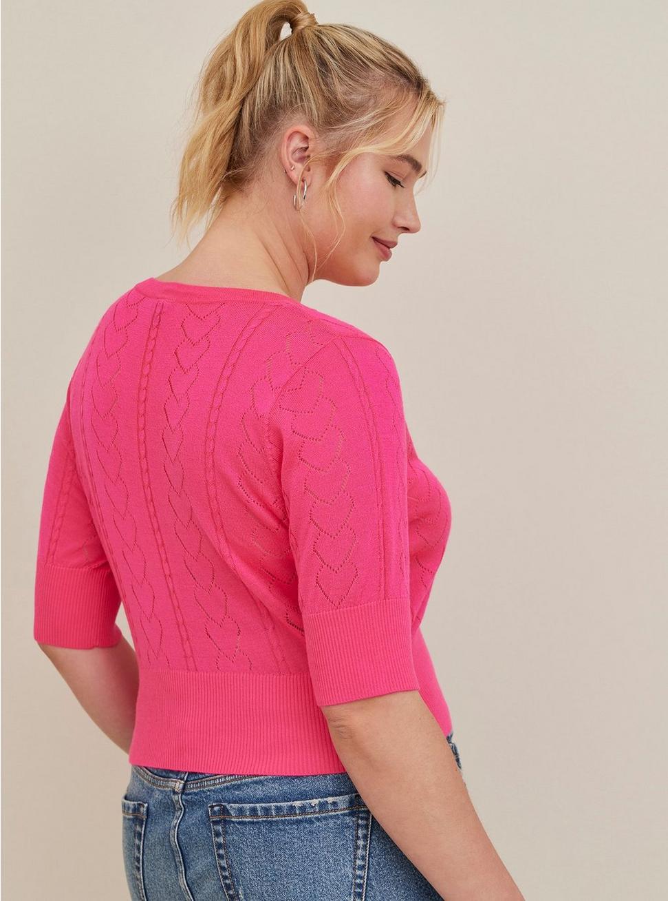 Pointelle Cardigan Short Sleeve Cropped Sweater, PINK, alternate