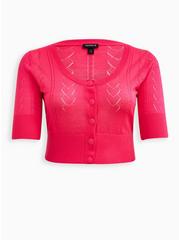 Pointelle Cardigan Short Sleeve Cropped Sweater, PINK, hi-res