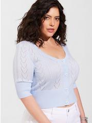 Pointelle Cardigan Short Sleeve Cropped Sweater, SKYWAY, hi-res