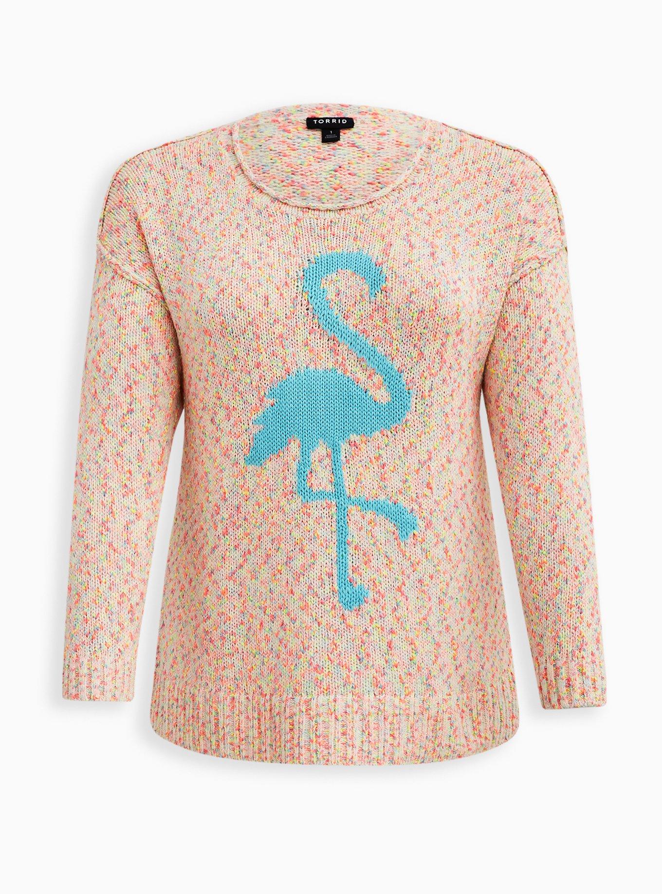 Torrid Plus 4 Pink Multi Marled Flamingo Graphic Ribbed Trim Long Sleeve Sweater factory