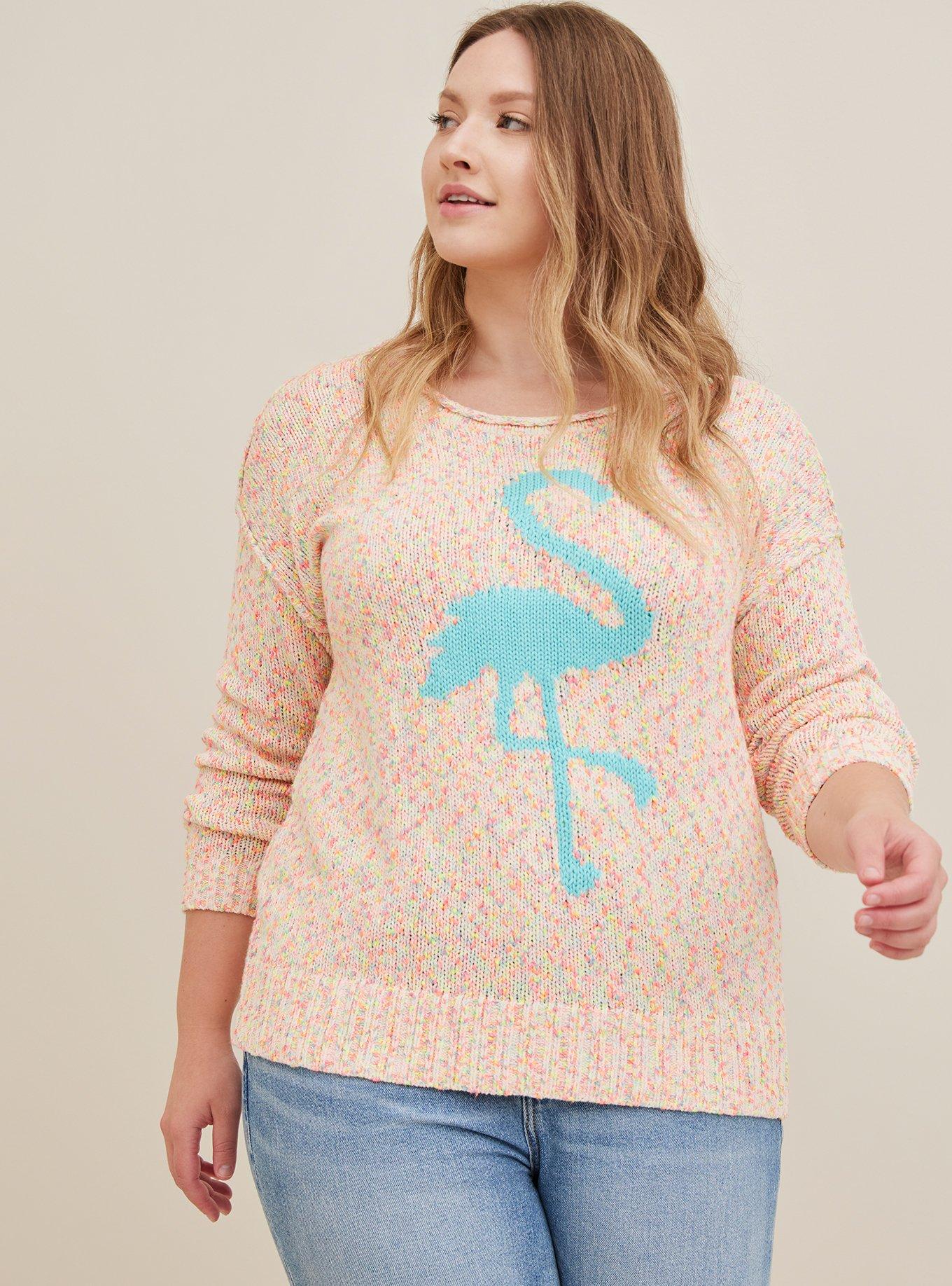 Torrid Plus 4 Pink Multi deals Marled Flamingo Graphic Ribbed Trim Long Sleeve Sweater