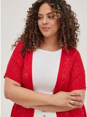 Crochet Duster Short Sleeve Tie Waist Sweater, RED, alternate