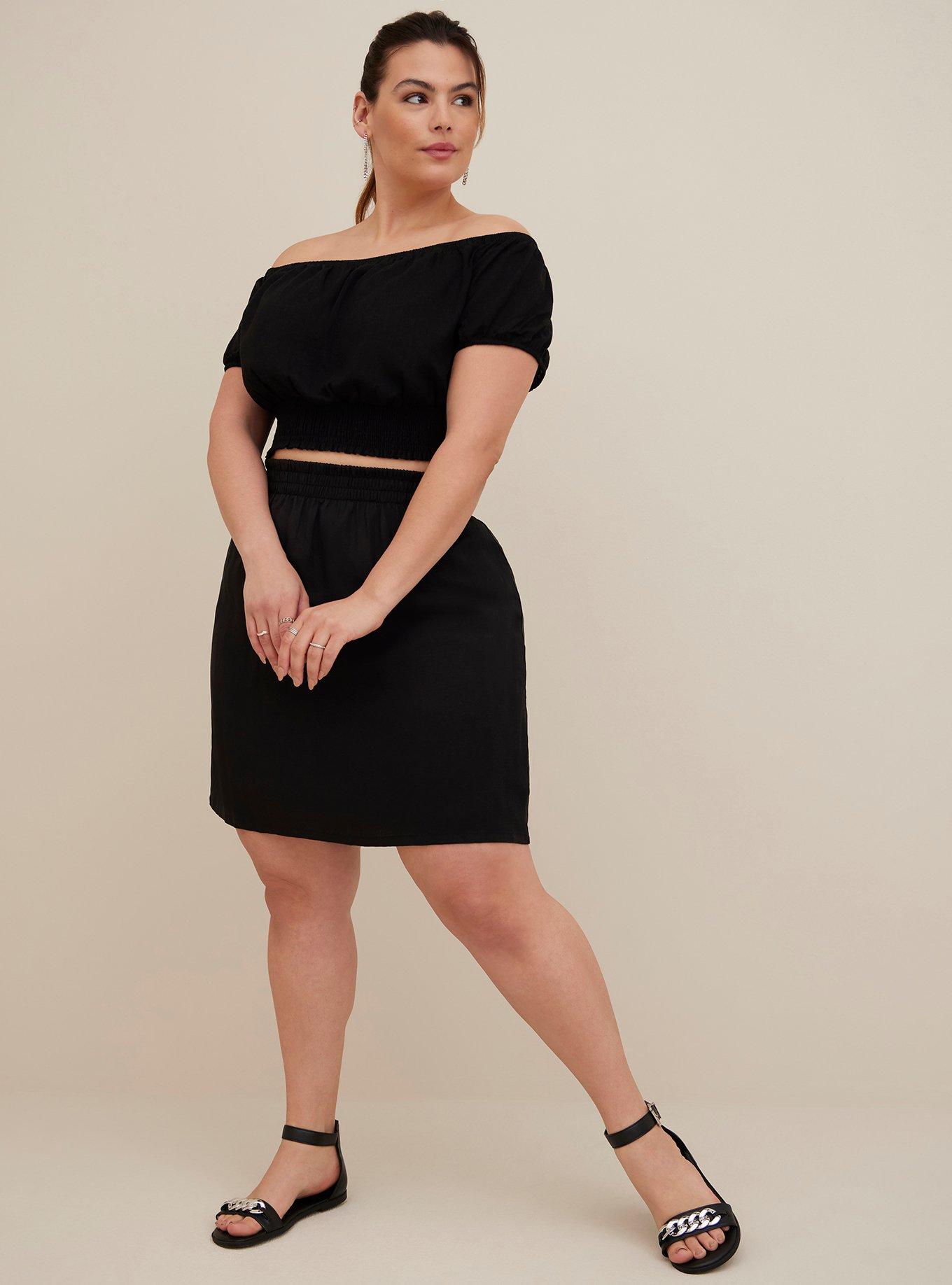 Linen Blend Smocked Waist Off-Shoulder Crop Top, DEEP BLACK, alternate