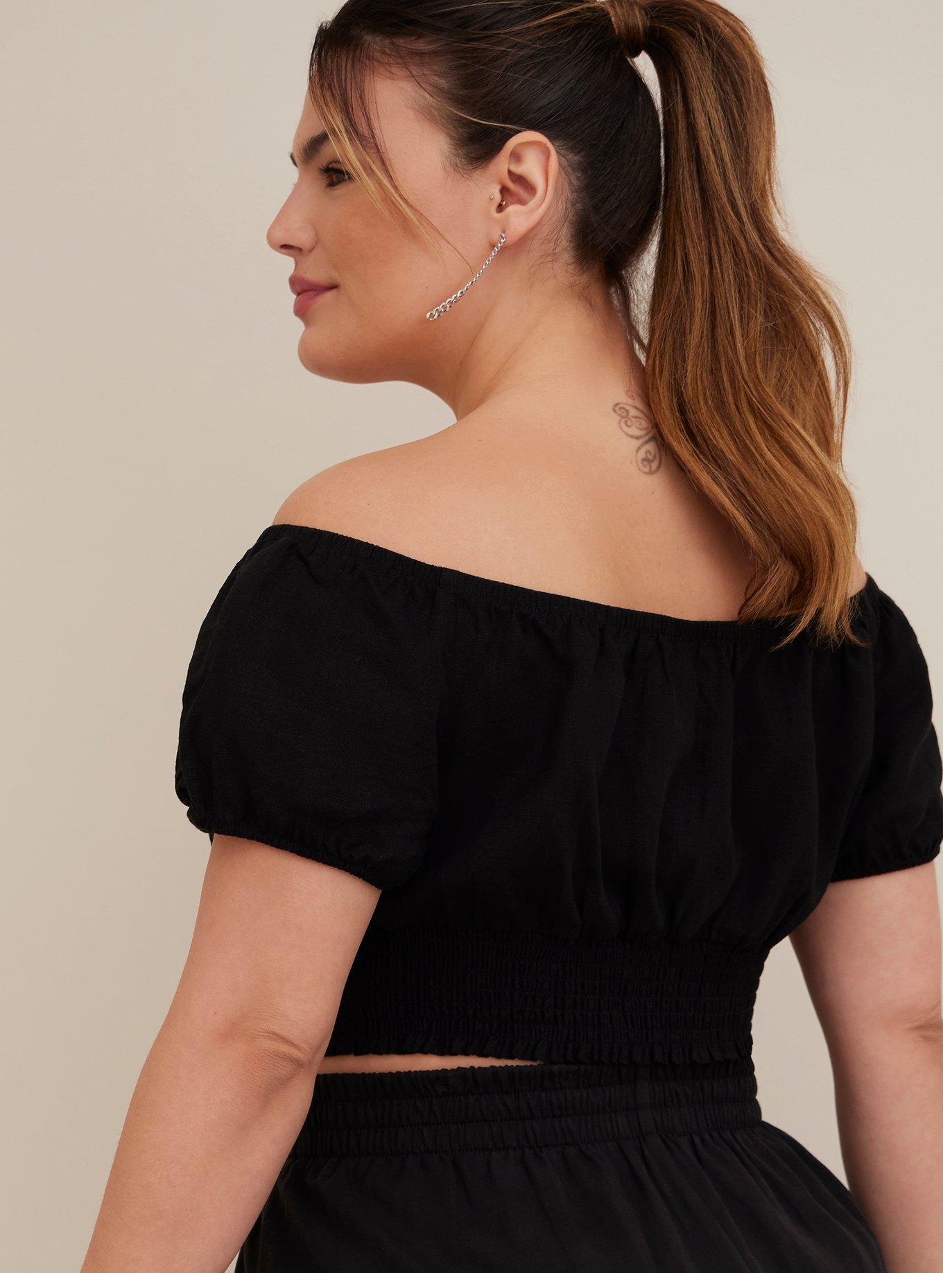 Linen Blend Smocked Waist Off-Shoulder Crop Top, DEEP BLACK, alternate