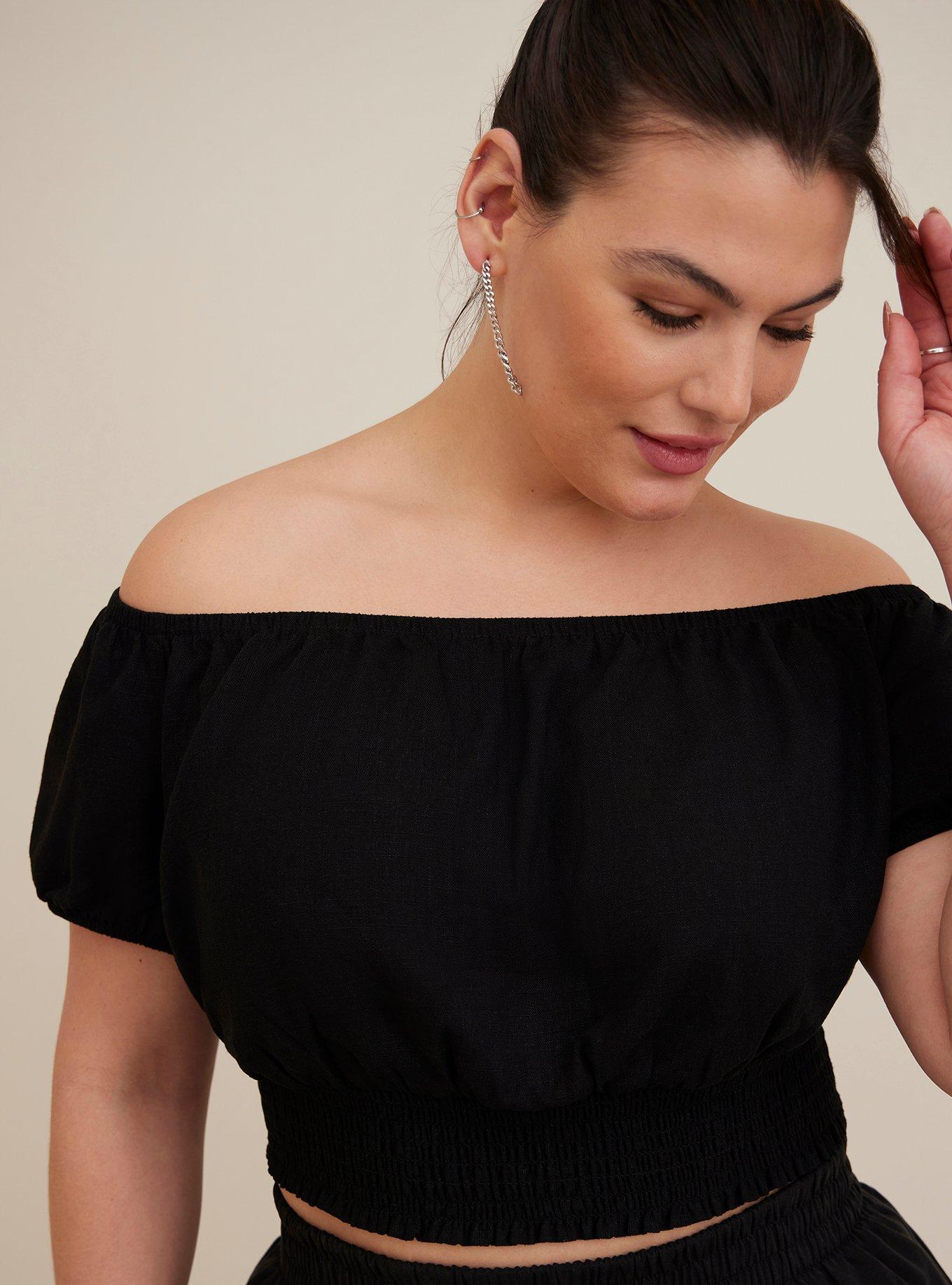 Linen Blend Smocked Waist Off-Shoulder Crop Top, DEEP BLACK, alternate