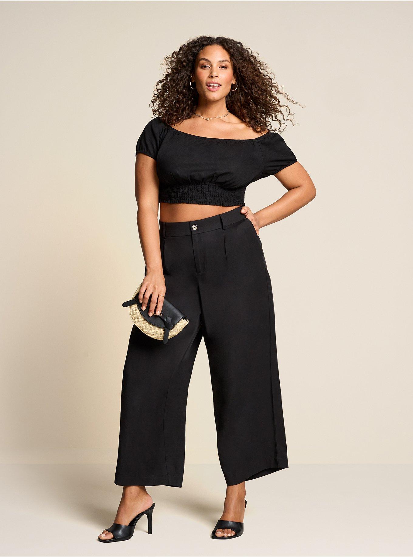 Linen Blend Smocked Waist Off-Shoulder Crop Top, DEEP BLACK, alternate