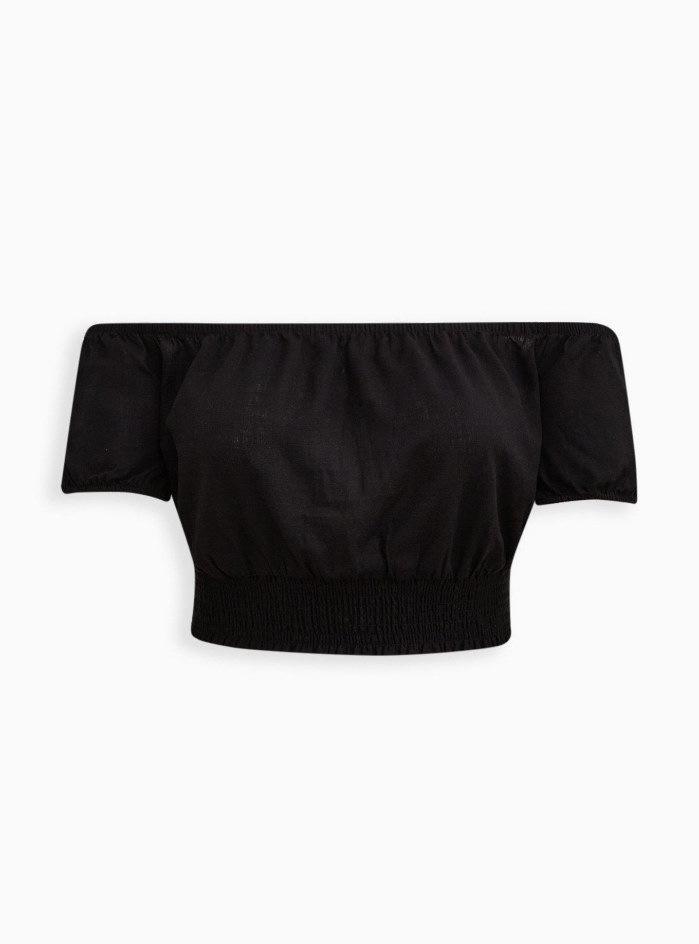 Linen Blend Smocked Waist Off-Shoulder Crop Top, DEEP BLACK, hi-res