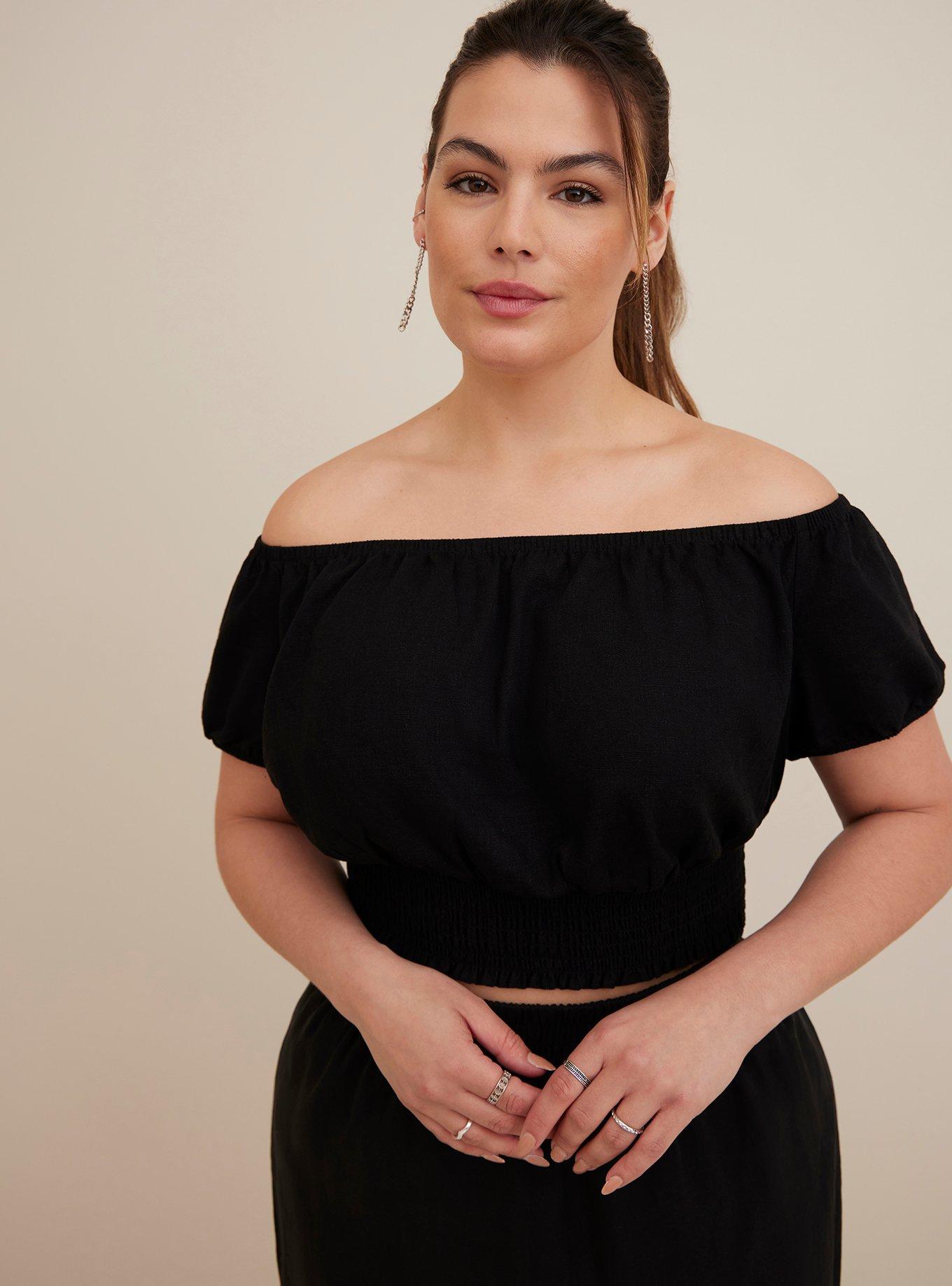 Linen Blend Smocked Waist Off-Shoulder Crop Top, DEEP BLACK, hi-res