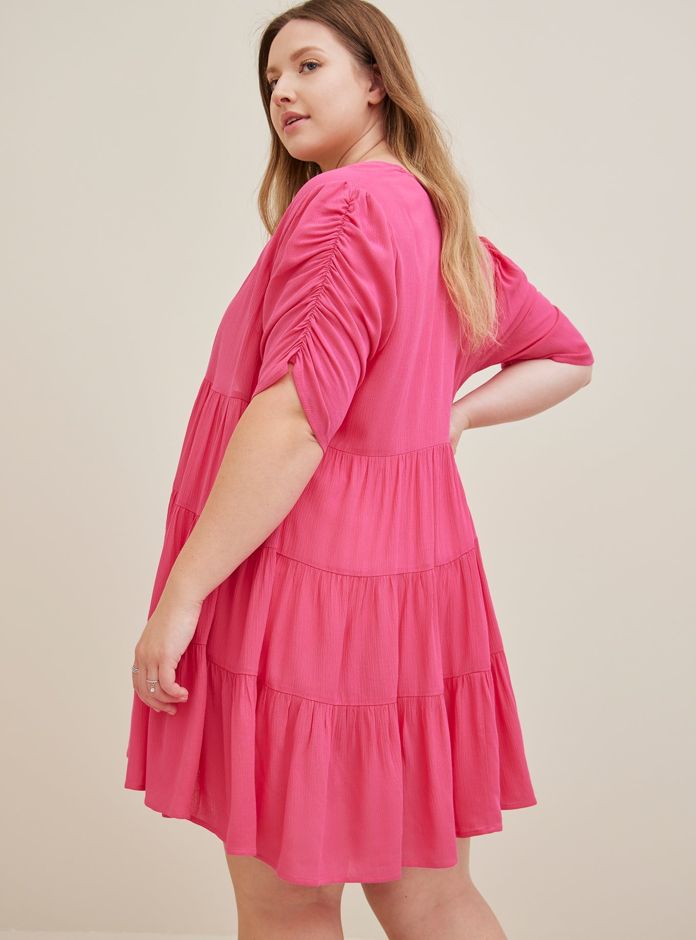 Plus Size - Ruffle Tiered Kimono - Crinkle Gauze Neon Pink - Torrid