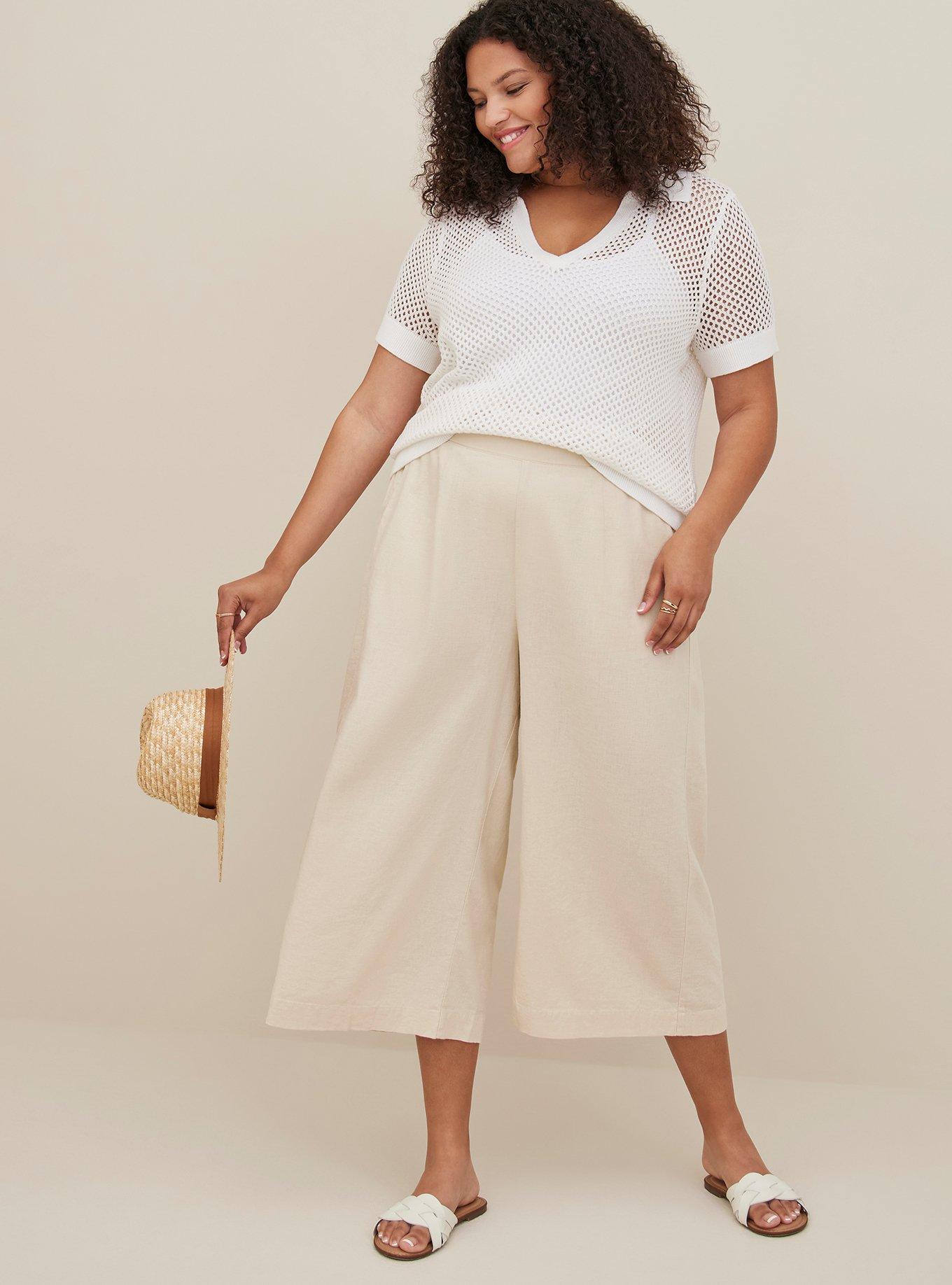 Plus Size - Crop Pull-On Wide Leg Stretch Linen Blend High-Rise