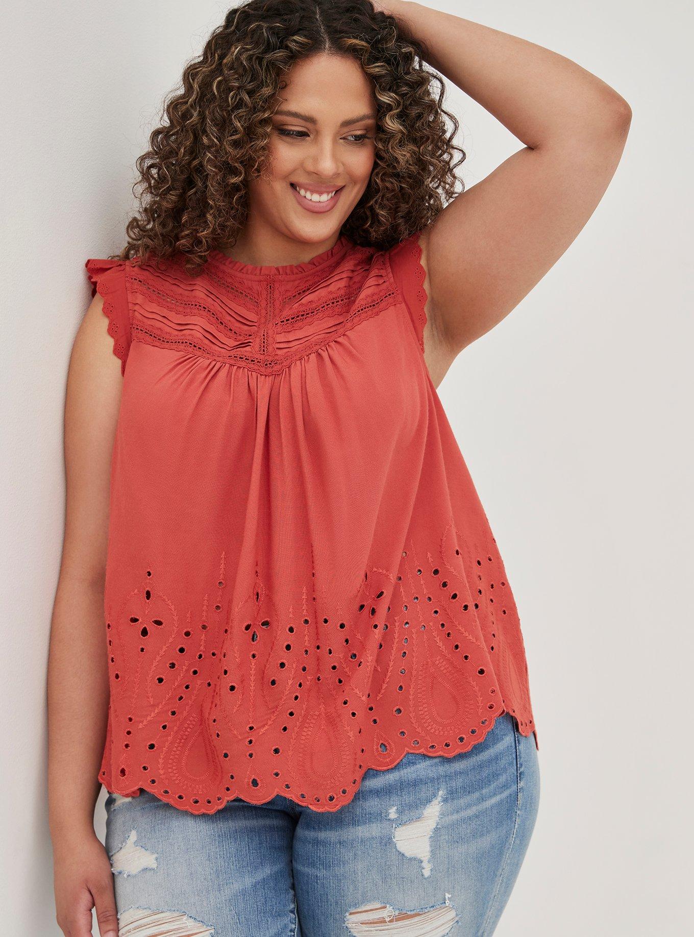 Plus Size - Textured Woven With Eyelet Trim Cold Shoulder Top - Torrid