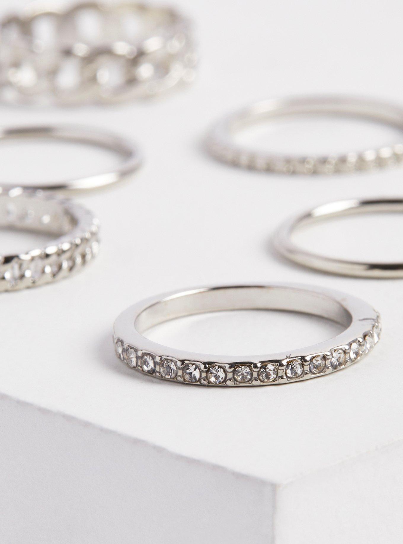 Plus Size Rhinestone Ring Set of 7 - Silver Tone, SILVER, alternate