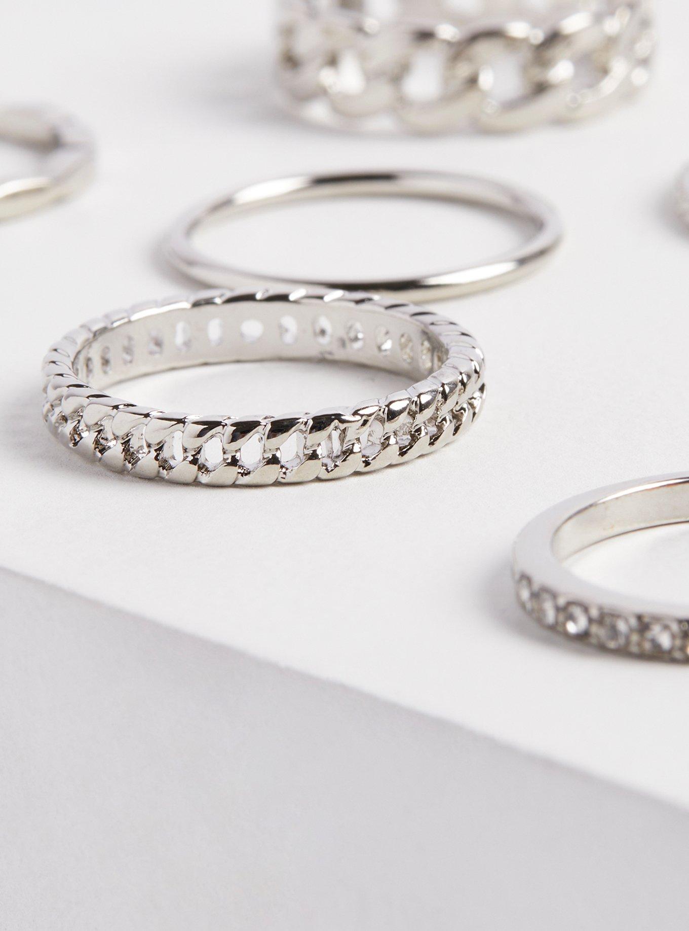 Plus Size Rhinestone Ring Set of 7 - Silver Tone, SILVER, alternate