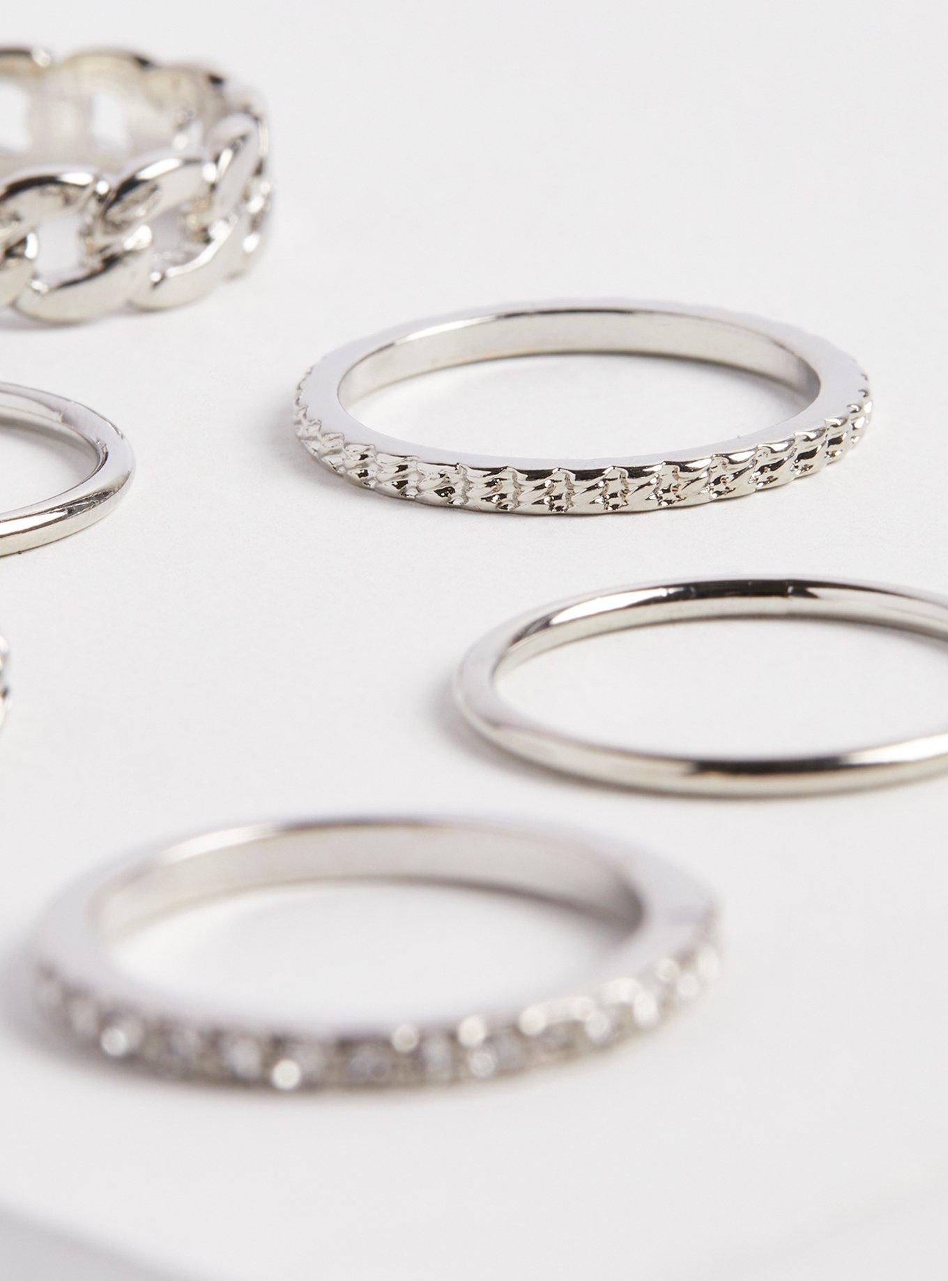 Plus Size Rhinestone Ring Set of 7 - Silver Tone, SILVER, alternate