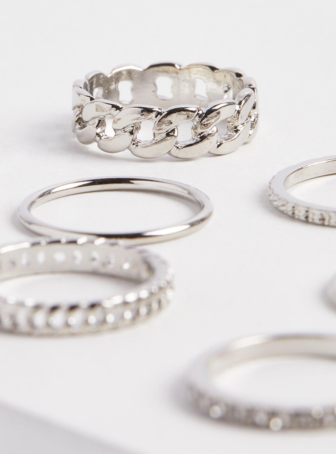 Plus Size Rhinestone Ring Set of 7 - Silver Tone, SILVER, alternate