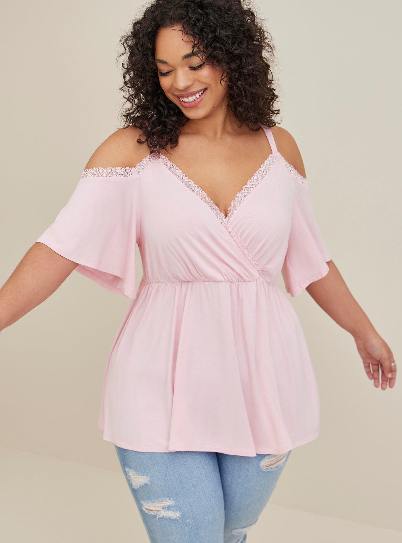 Plus Size - Babydoll Super Soft Surplice Lace Trim Cold Shoulder