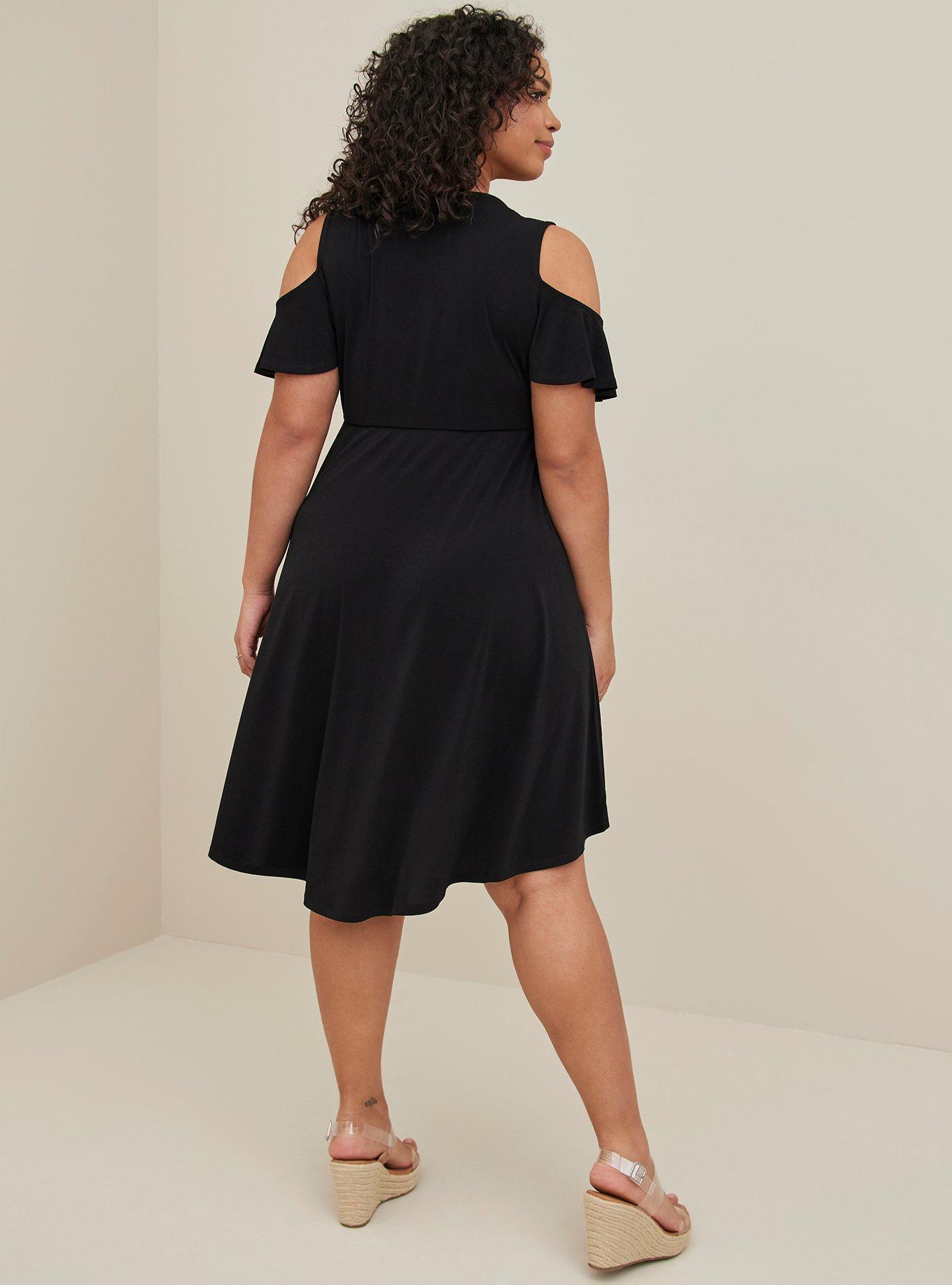 Plus Size Mini Studio Knit Cold Shoulder Wrap Dress, DEEP BLACK, alternate