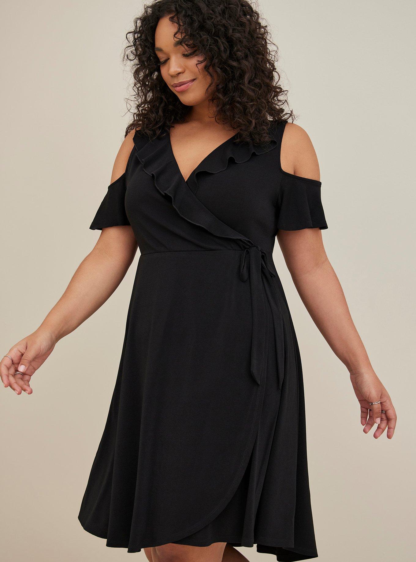 Plus Size Mini Studio Knit Cold Shoulder Wrap Dress, DEEP BLACK, alternate