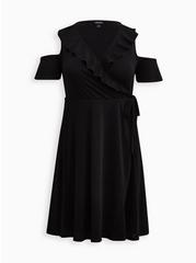 Mini Studio Knit Cold Shoulder Wrap Dress, DEEP BLACK, hi-res
