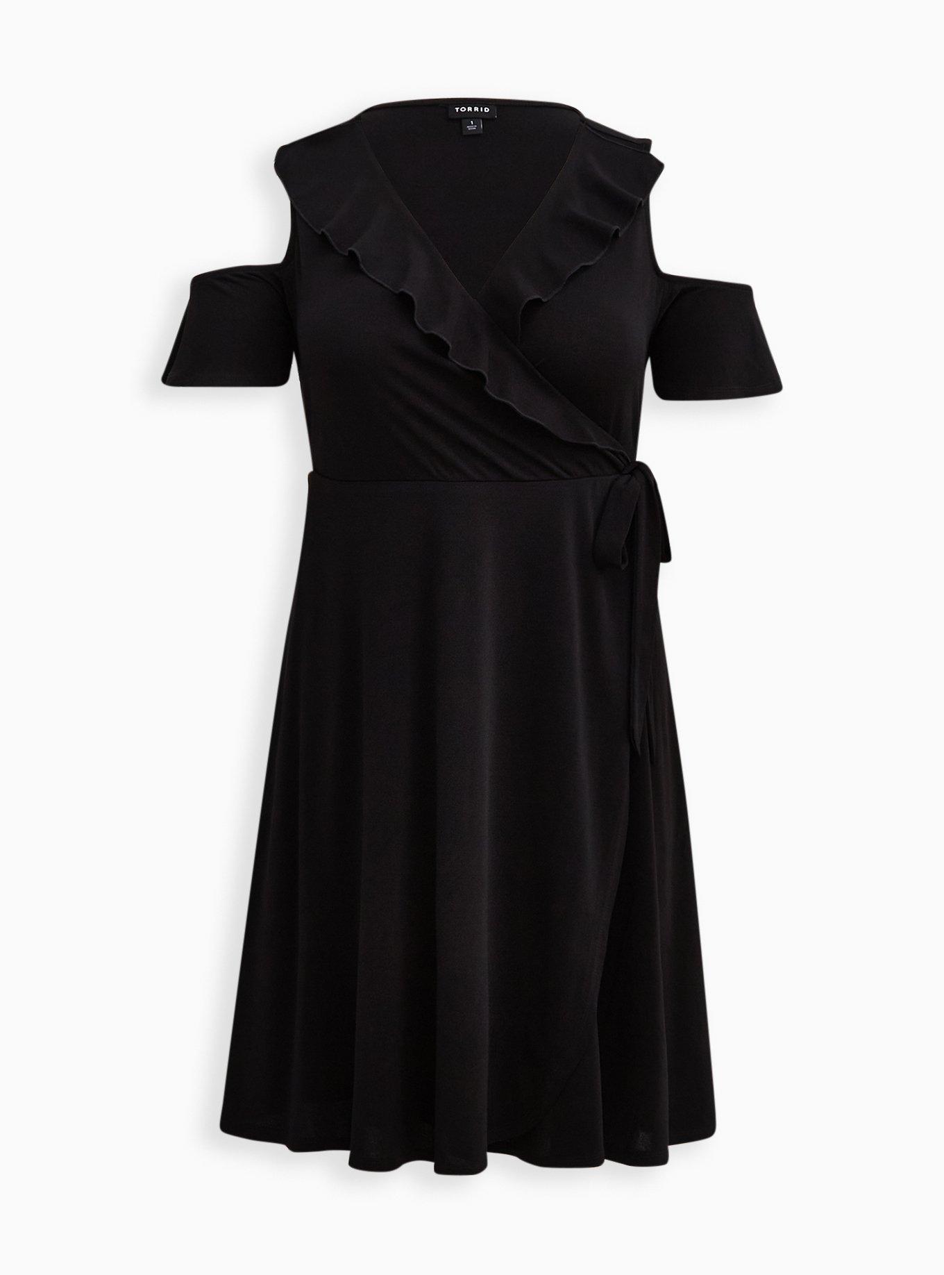 Plus Size Mini Studio Knit Cold Shoulder Wrap Dress, DEEP BLACK, hi-res