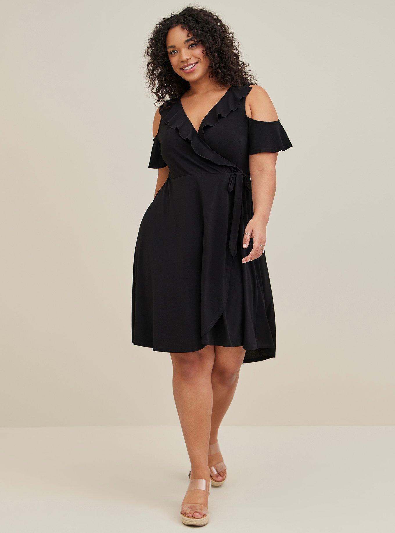 Black cold shoulder wrap dress sale