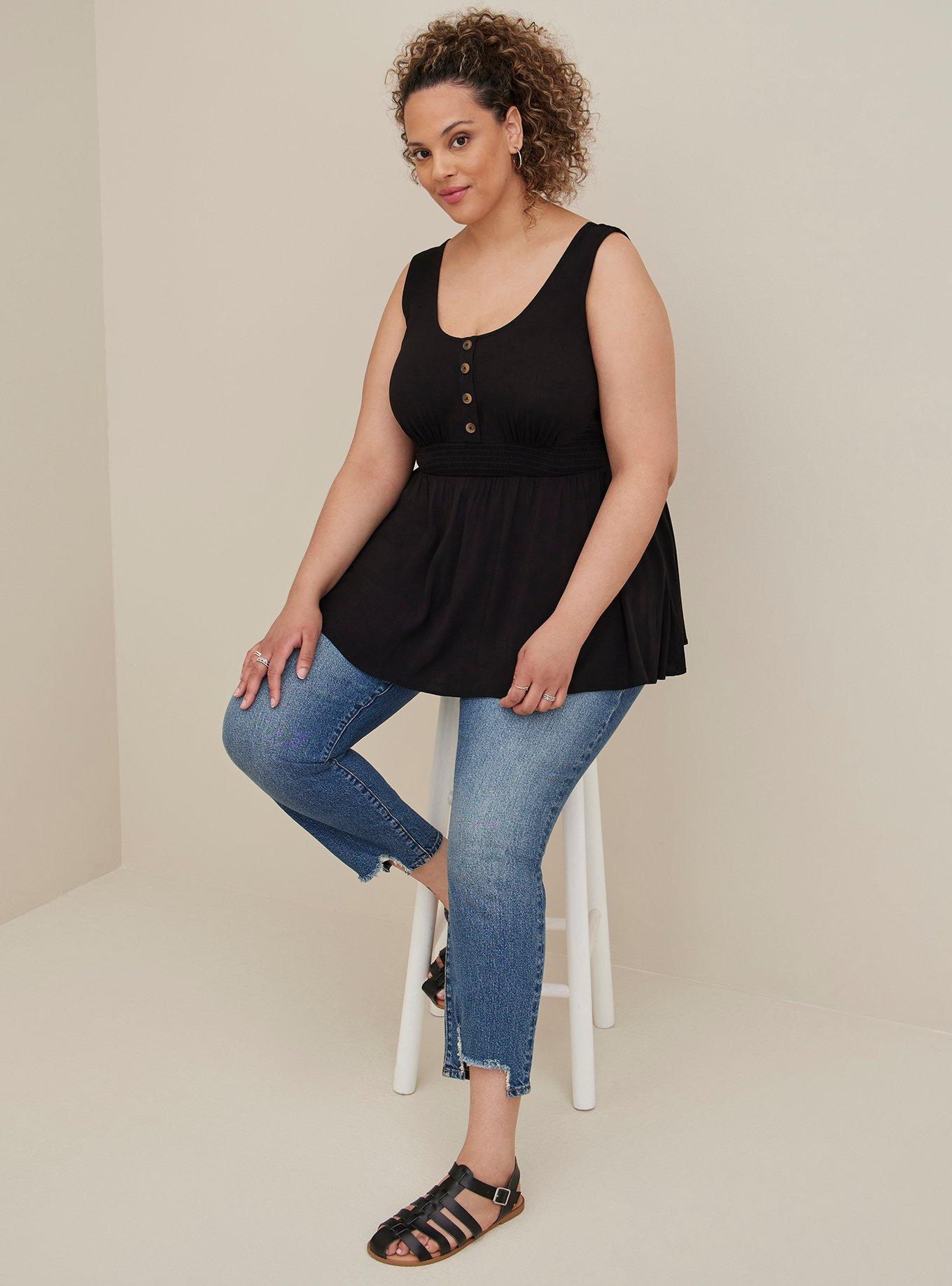 Plus Size Rayon Slub Smocked Waist Button-Front Tank, DEEP BLACK, alternate