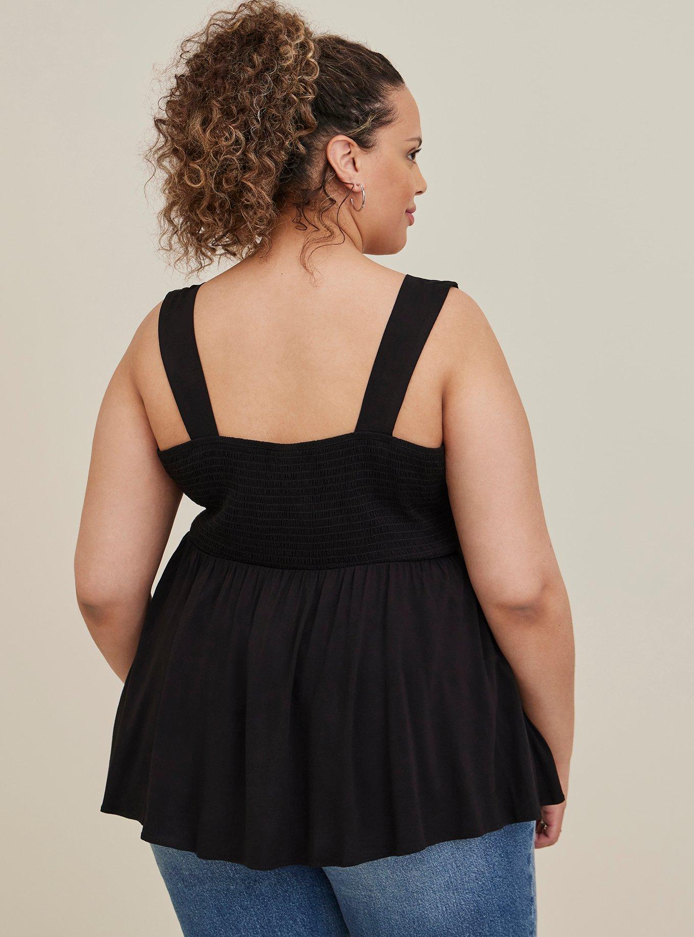 Plus Size Rayon Slub Smocked Waist Button-Front Tank, DEEP BLACK, alternate