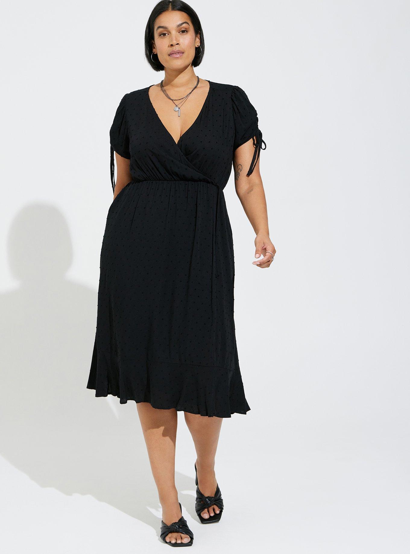 Plus Size - Tea Length Swiss Dot Tie Front Trim A-Line Dress - Torrid