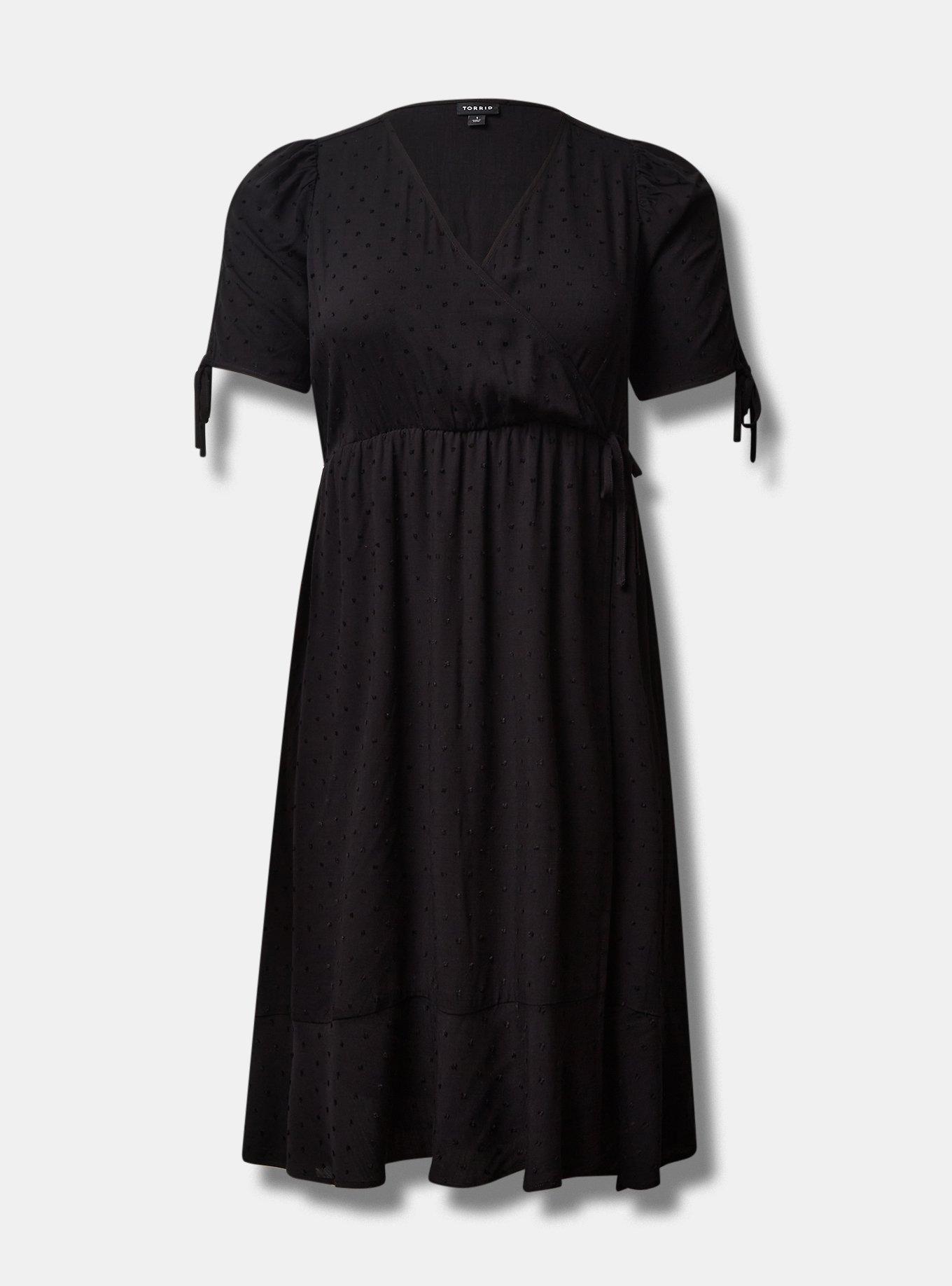Plus Size Midi Swiss Linen Surplice Dress, DEEP BLACK, hi-res
