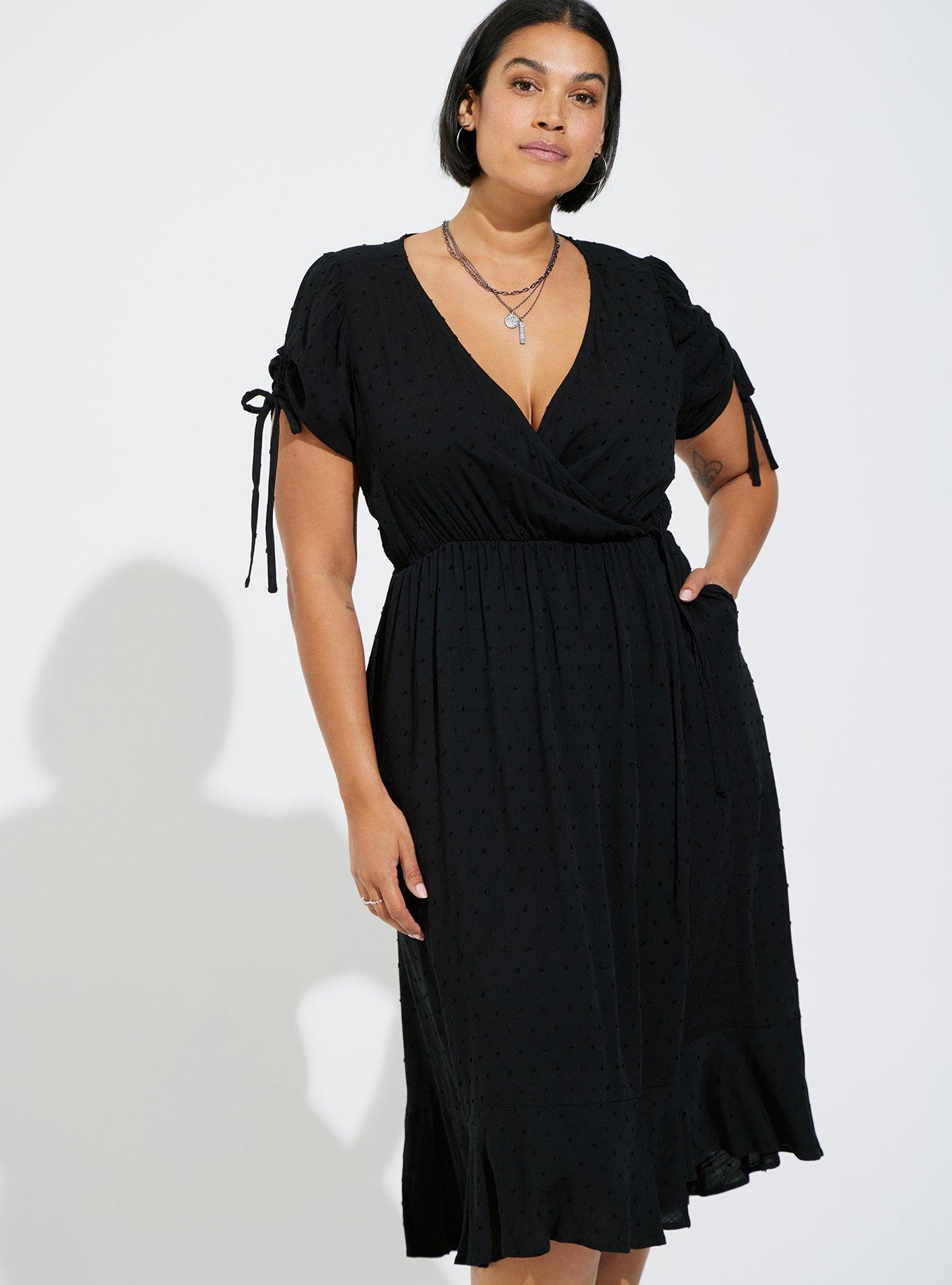 Plus Size Midi Swiss Linen Surplice Dress, DEEP BLACK, hi-res