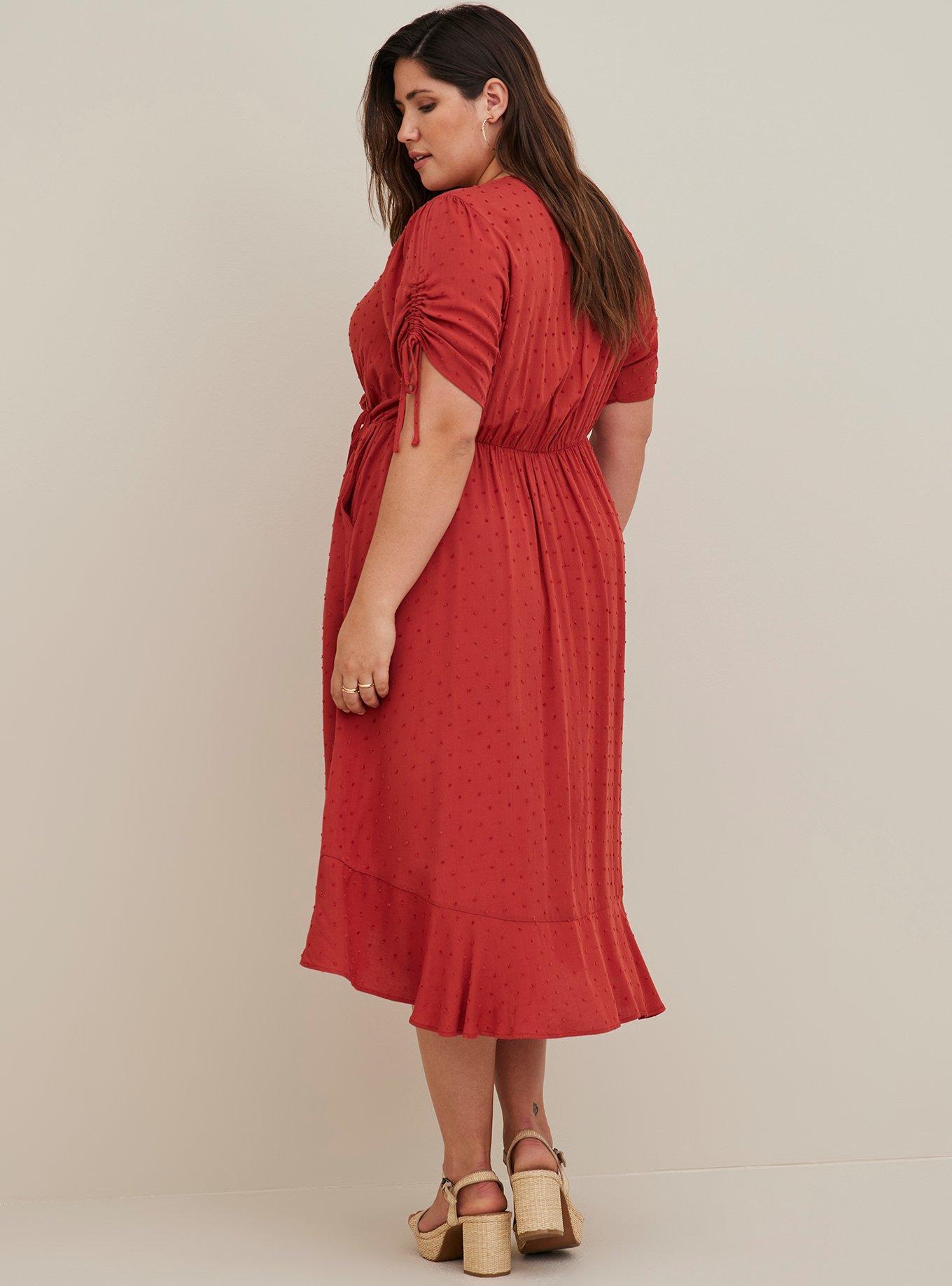 Plus Size - Tea Length Swiss Dot Tie Front Trim A-Line Dress - Torrid