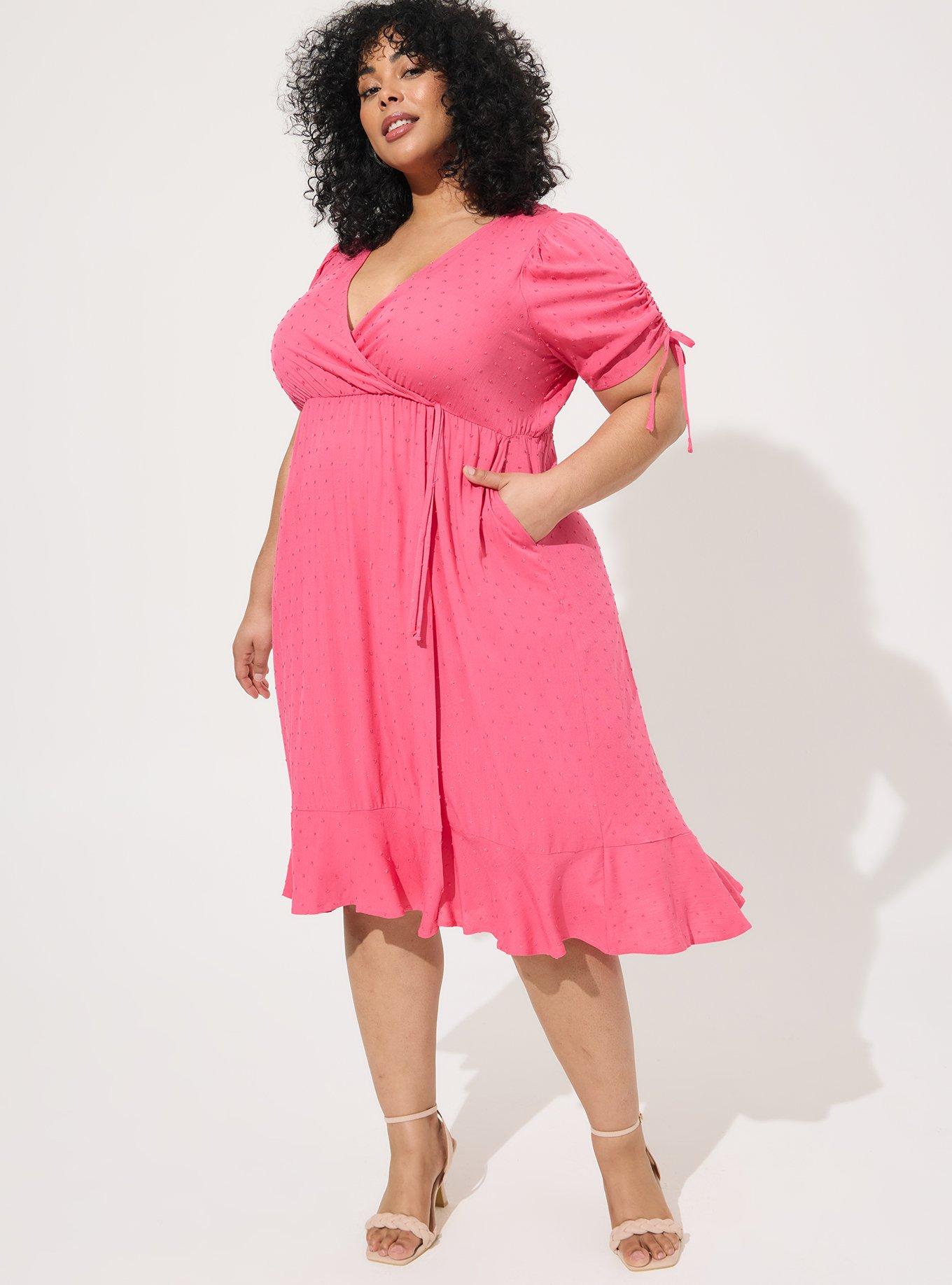 Plus Size - Tea Length Swiss Dot Tie Front Trim A-Line Dress - Torrid