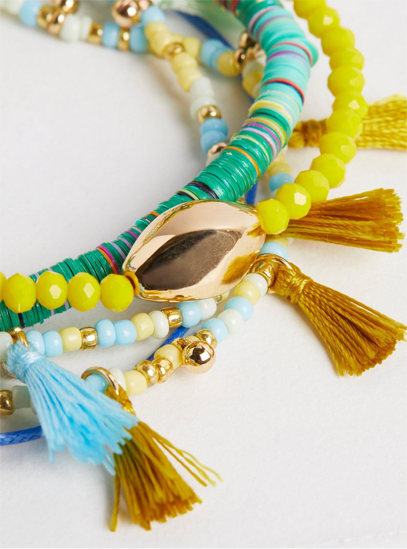 Tassel & Beaded Stretch Bracelet Set - Yellow Green Blue, MULTI, alternate