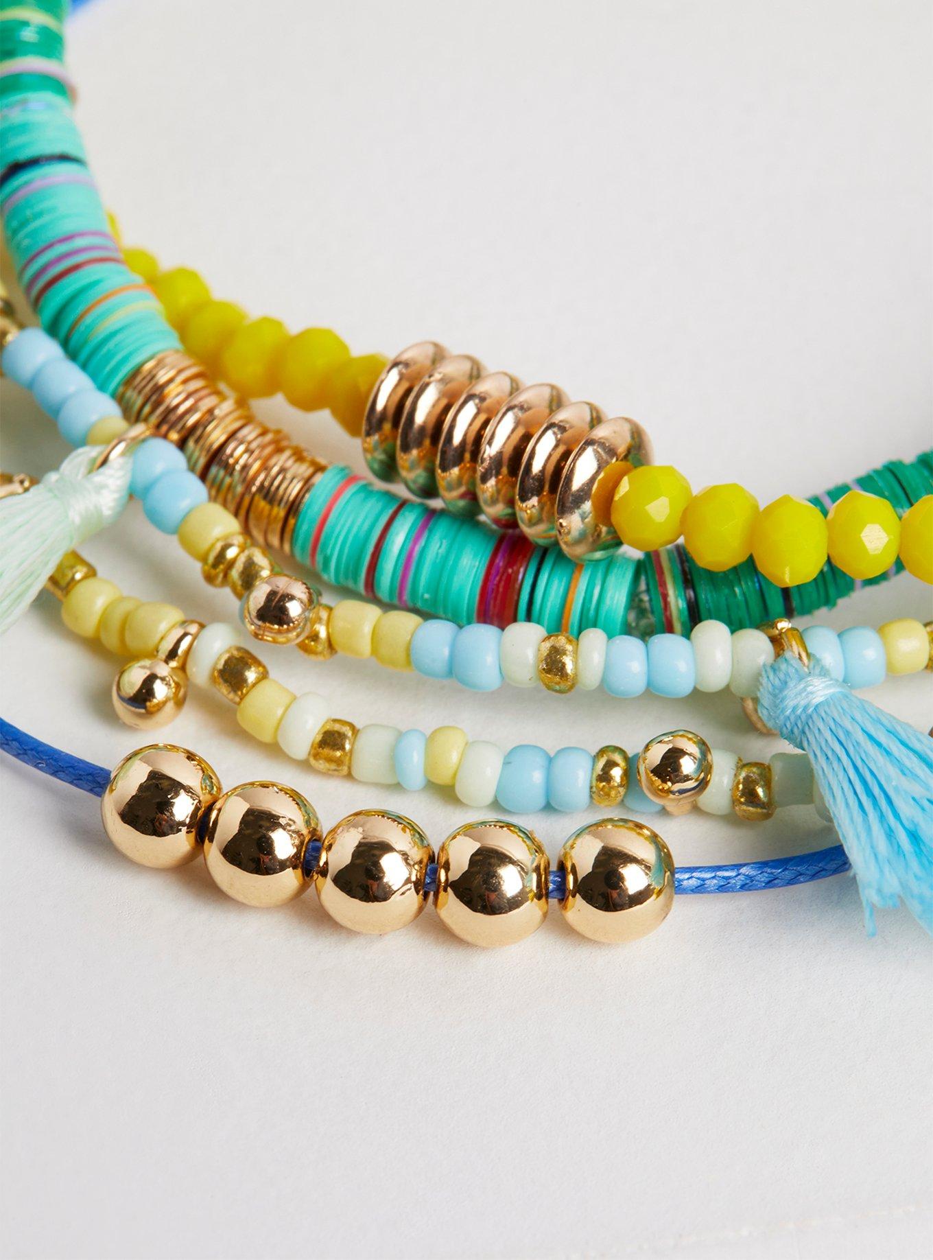 Tassel & Beaded Stretch Bracelet Set - Yellow Green Blue, MULTI, alternate