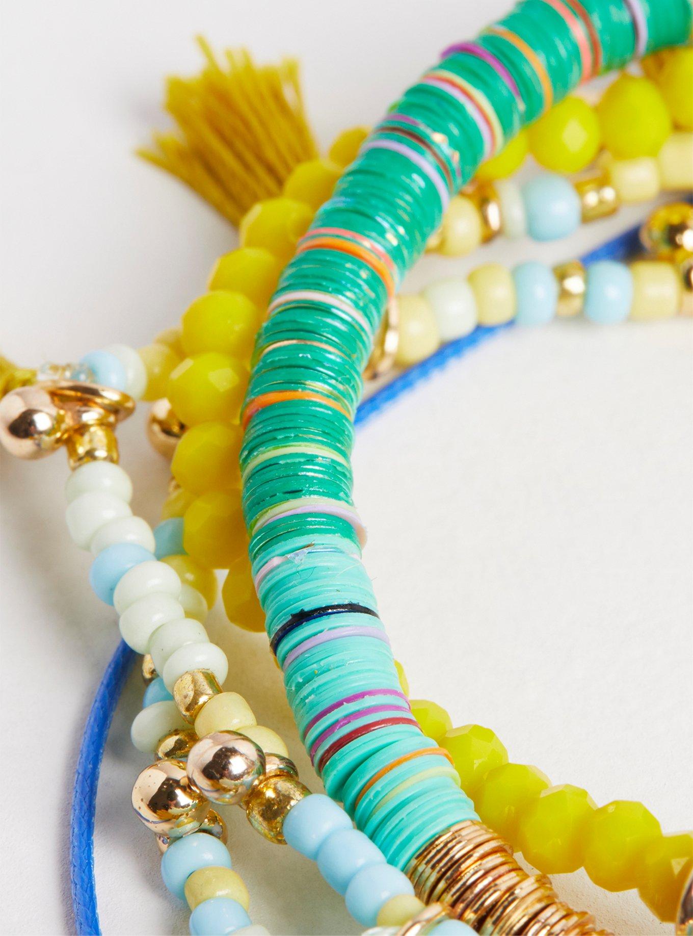 Tassel & Beaded Stretch Bracelet Set - Yellow Green Blue, MULTI, alternate
