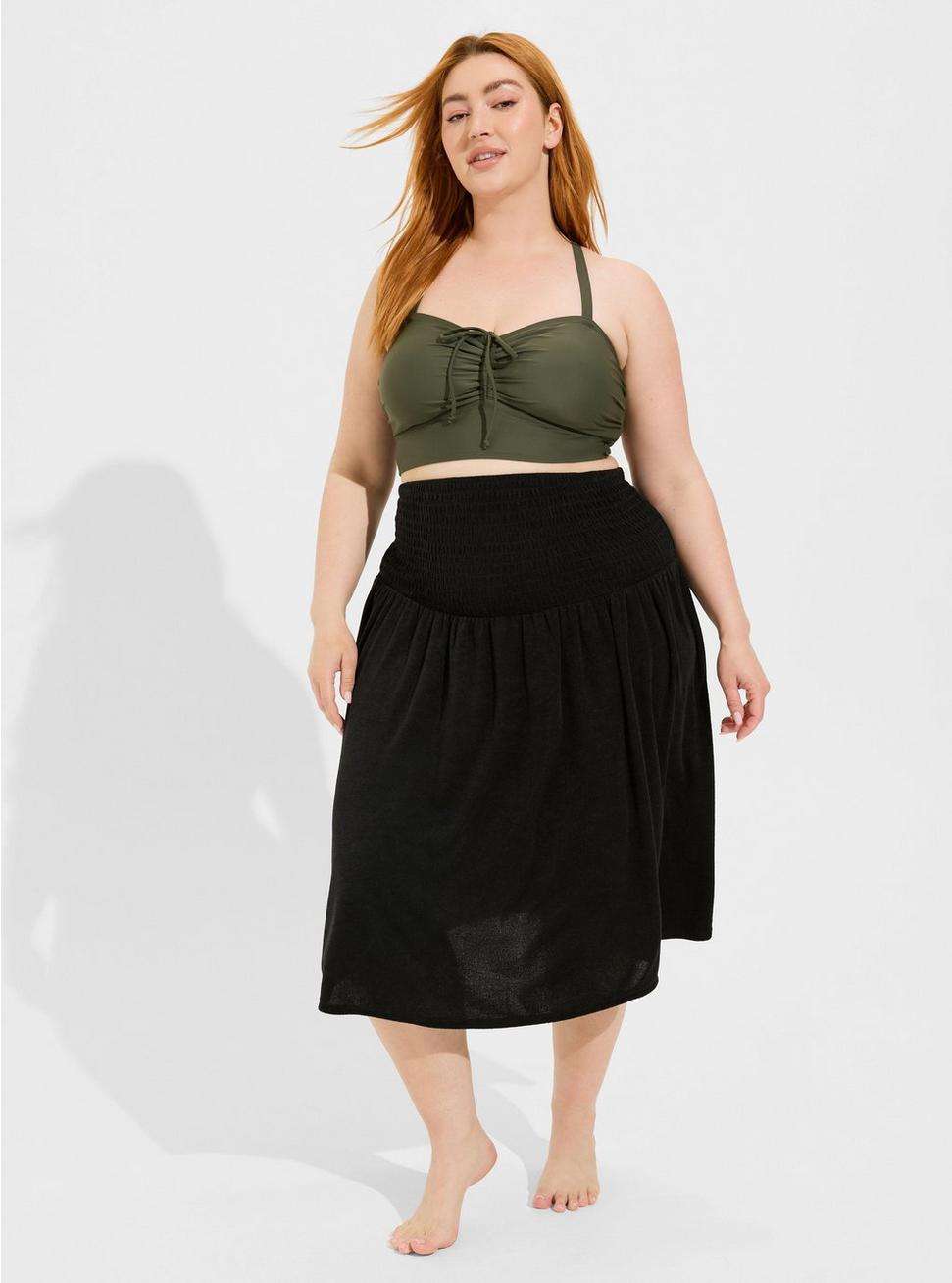 Plus Size Mini Terry Cloth Smocked Strapless Beach Dress, BLACK, alternate