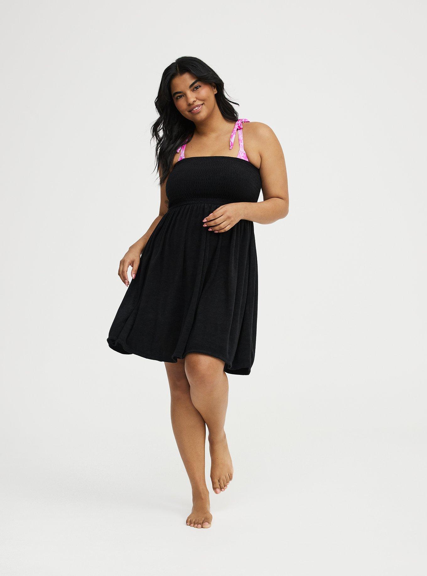 Terry Smocked Cover-Up Mini Dress, BLACK, alternate