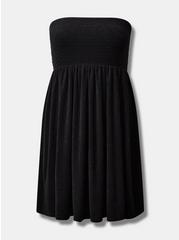 Plus Size Mini Terry Cloth Smocked Strapless Beach Dress, BLACK, hi-res